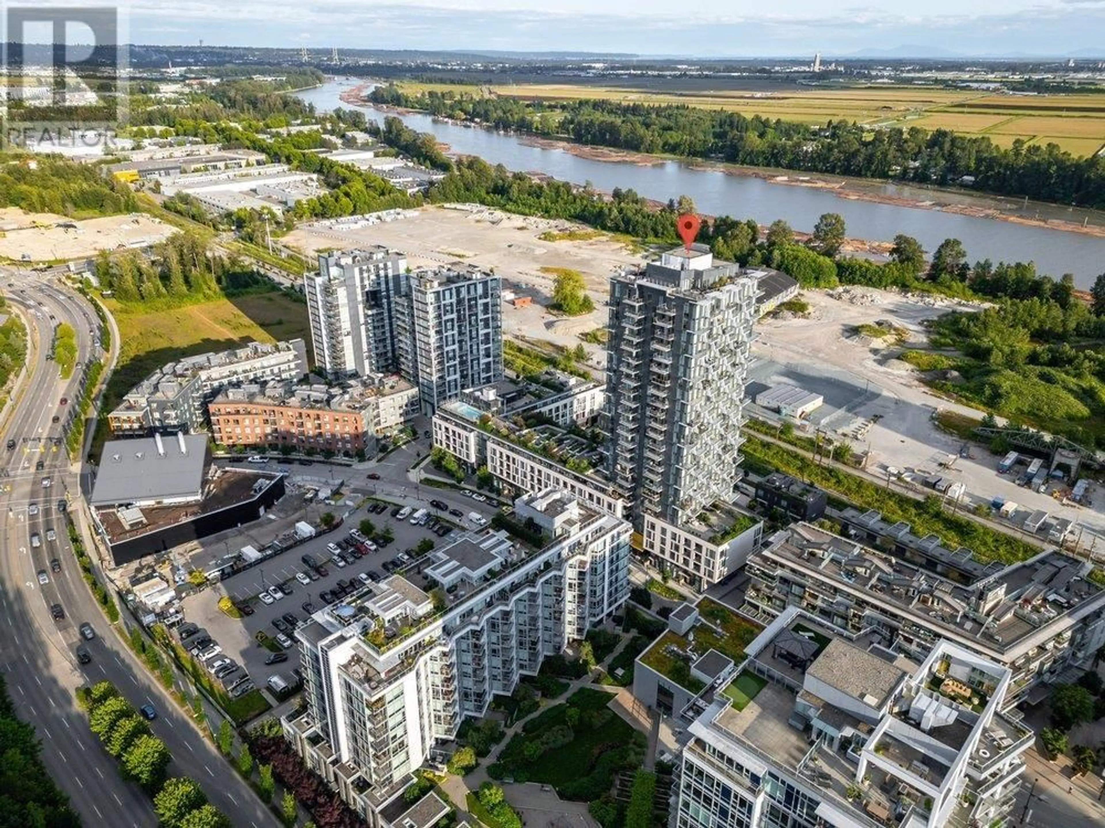A pic from outside/outdoor area/front of a property/back of a property/a pic from drone, city buildings view from balcony for 2102 - 3538 SAWMILL CRESCENT, Vancouver British Columbia V5S0J8