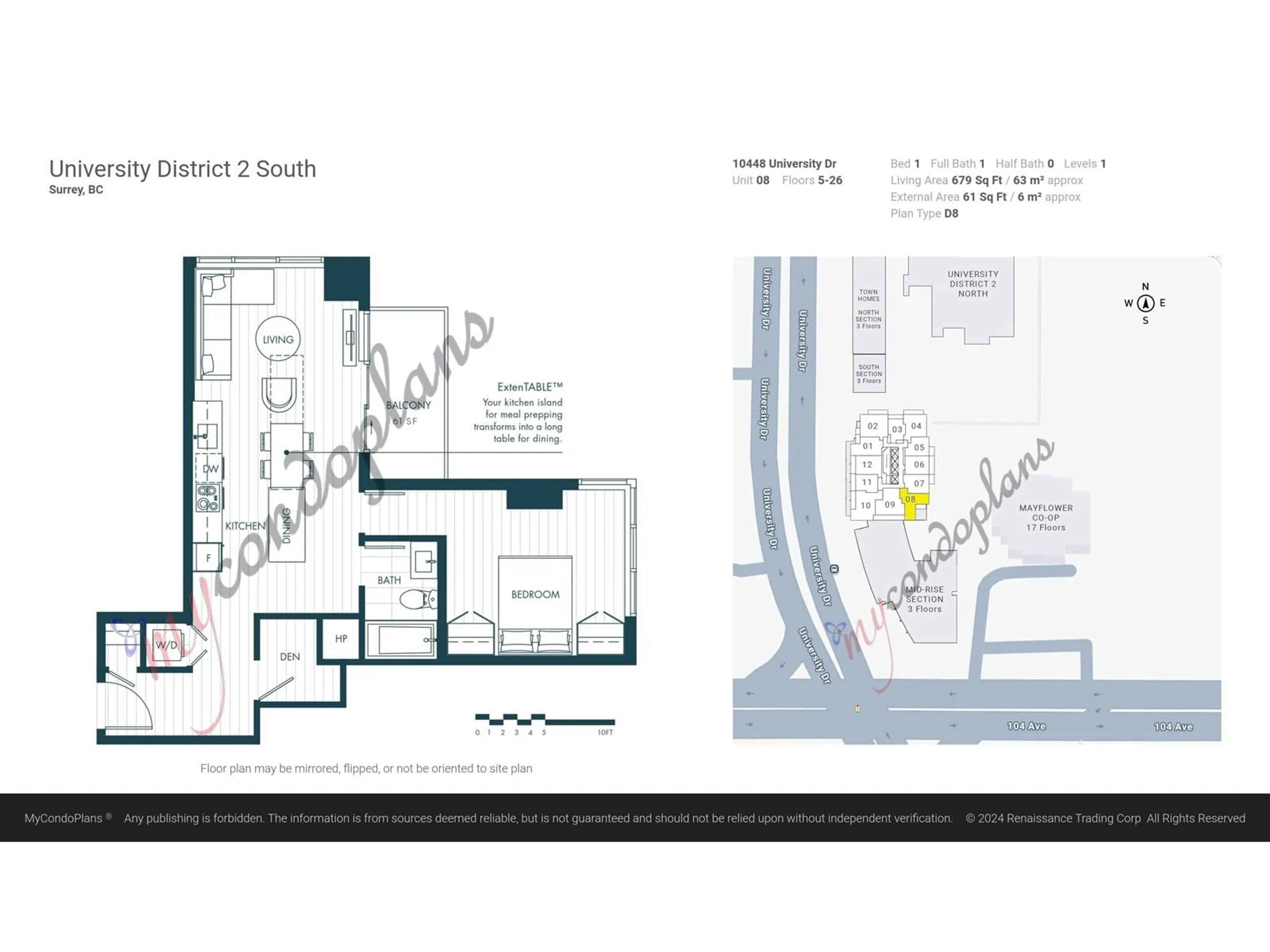 Floor plan for 1308 - 10448 UNIVERSITY, Surrey British Columbia V3T0S7