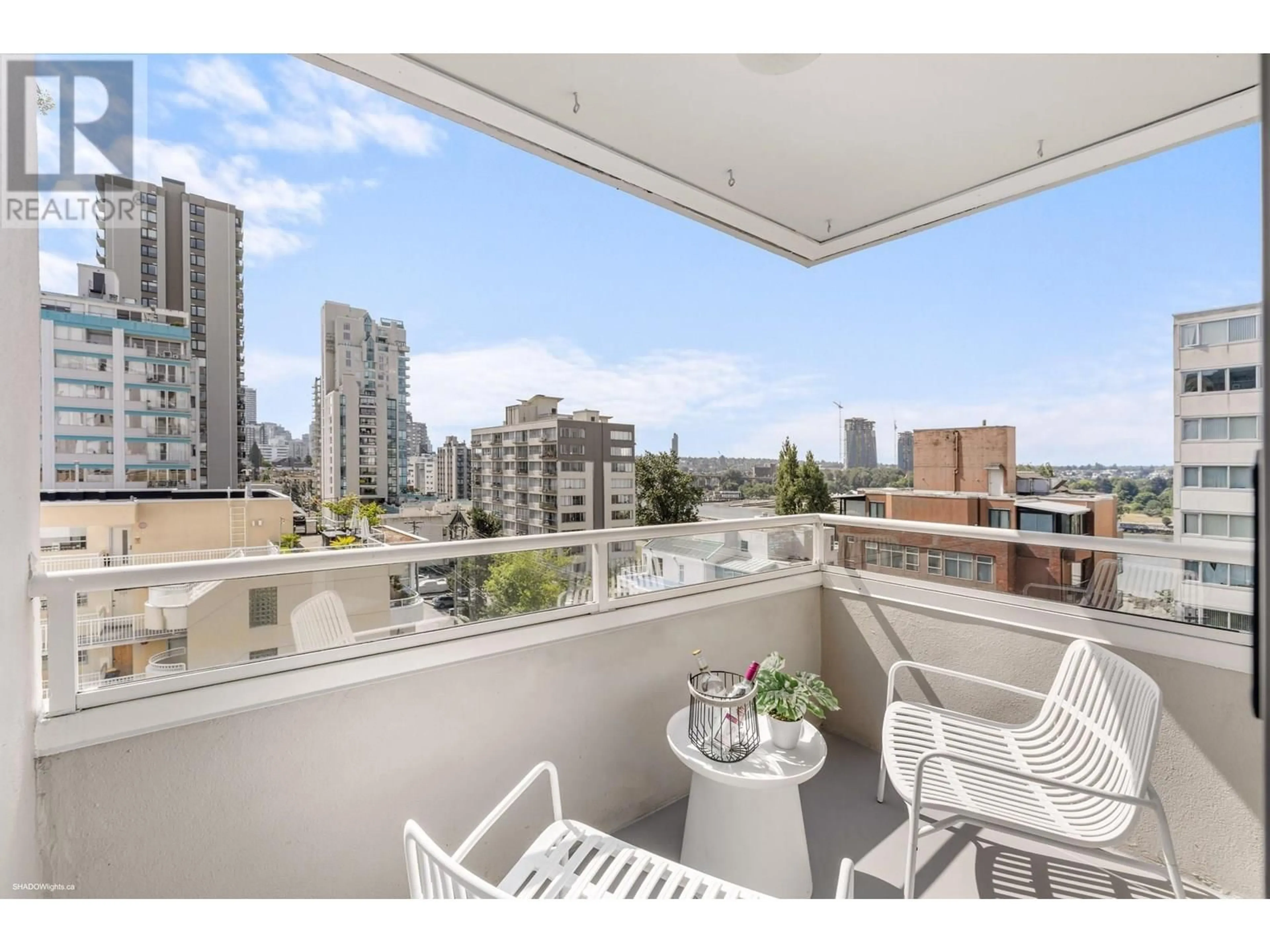 Balcony in the apartment, city buildings view from balcony for 702 - 1436 HARWOOD STREET, Vancouver British Columbia V6G1X5