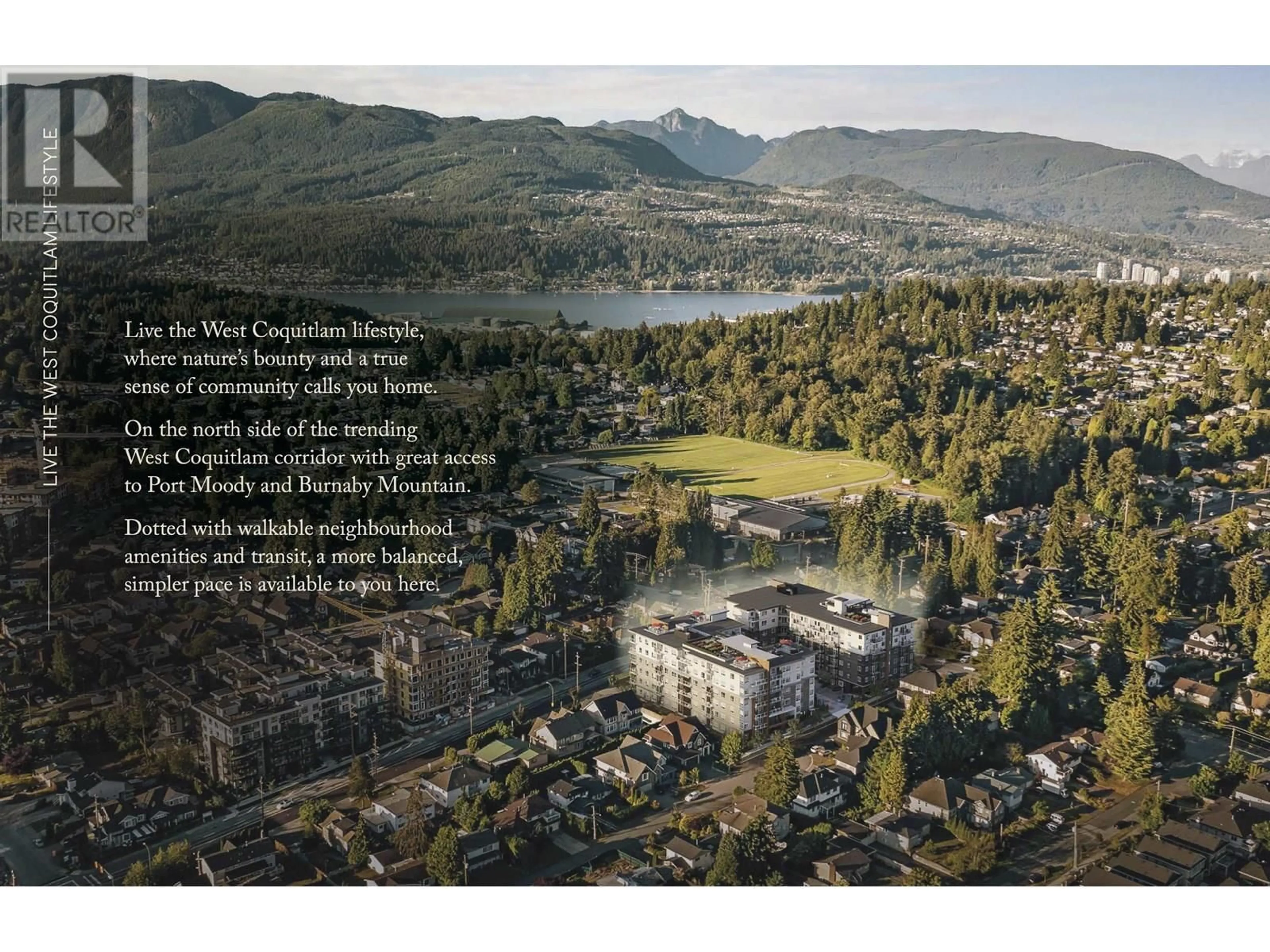 A pic from outside/outdoor area/front of a property/back of a property/a pic from drone, mountain view for 607 - 723 GROVER AVENUE, Coquitlam British Columbia V3J4G2