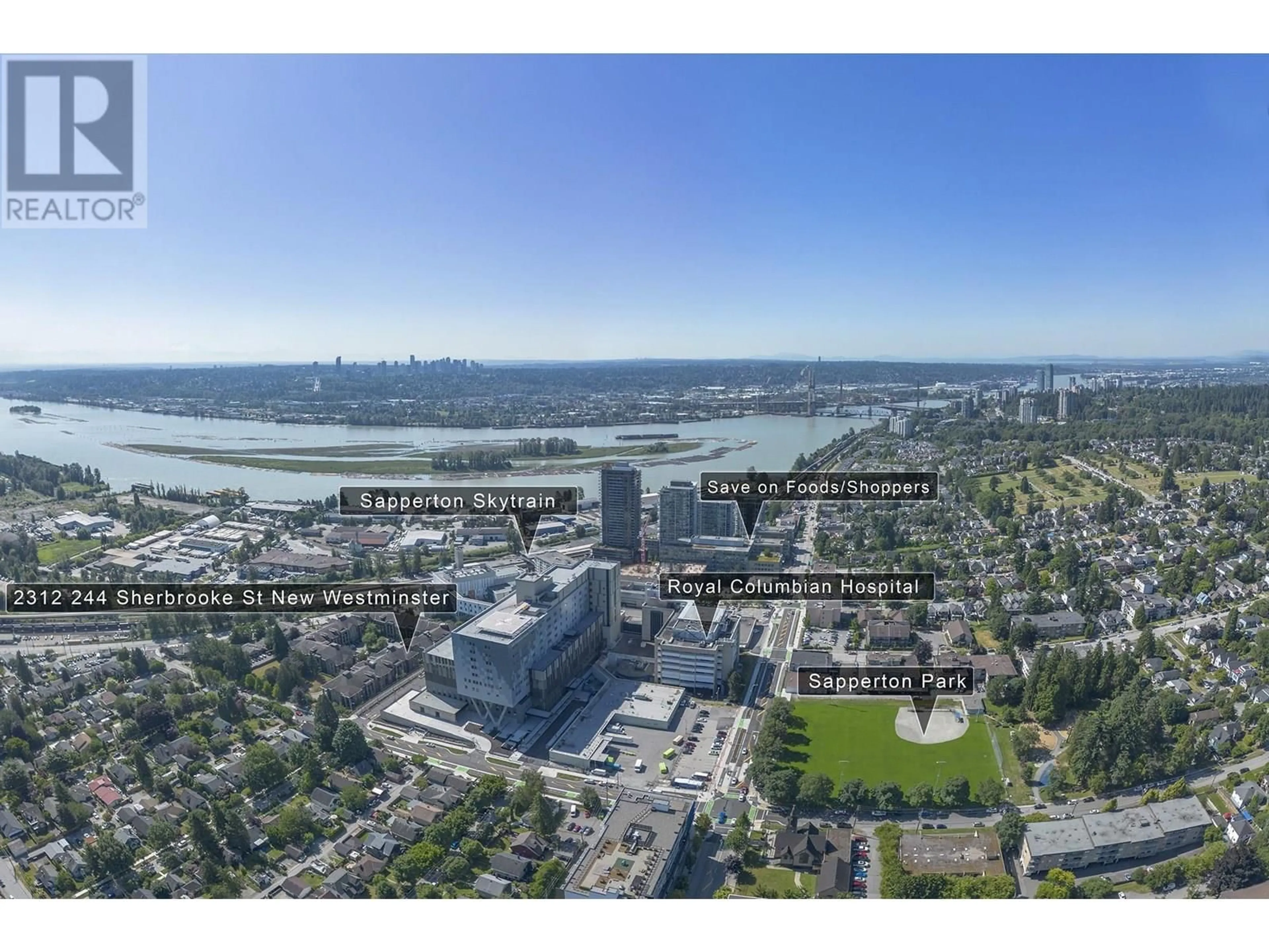 A pic from outside/outdoor area/front of a property/back of a property/a pic from drone, city buildings view from balcony for 2312 - 244 SHERBROOKE STREET, New Westminster British Columbia V3L0A3