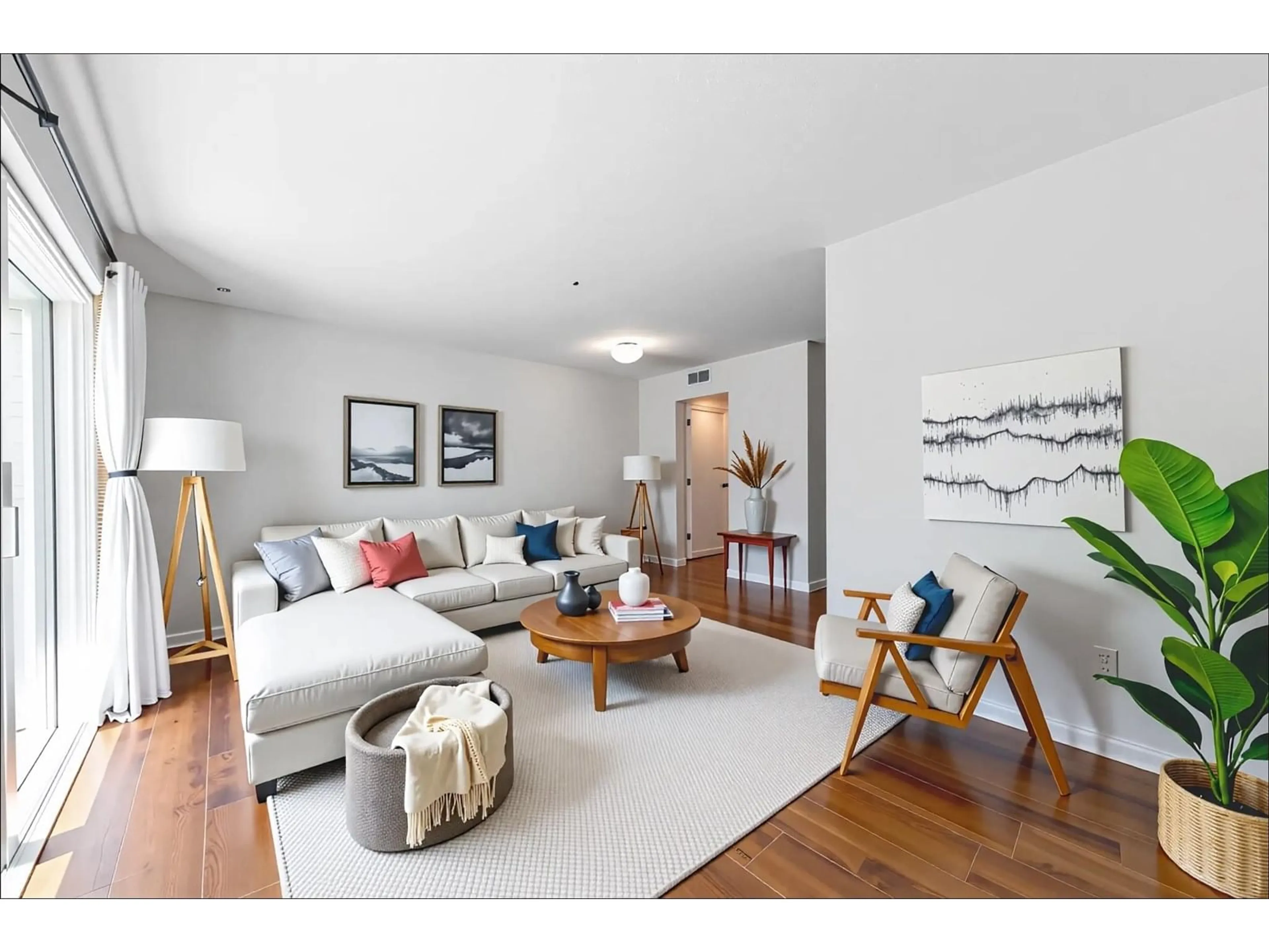 Living room with furniture, wood/laminate floor for 5123 203, Langley British Columbia V3A1V6