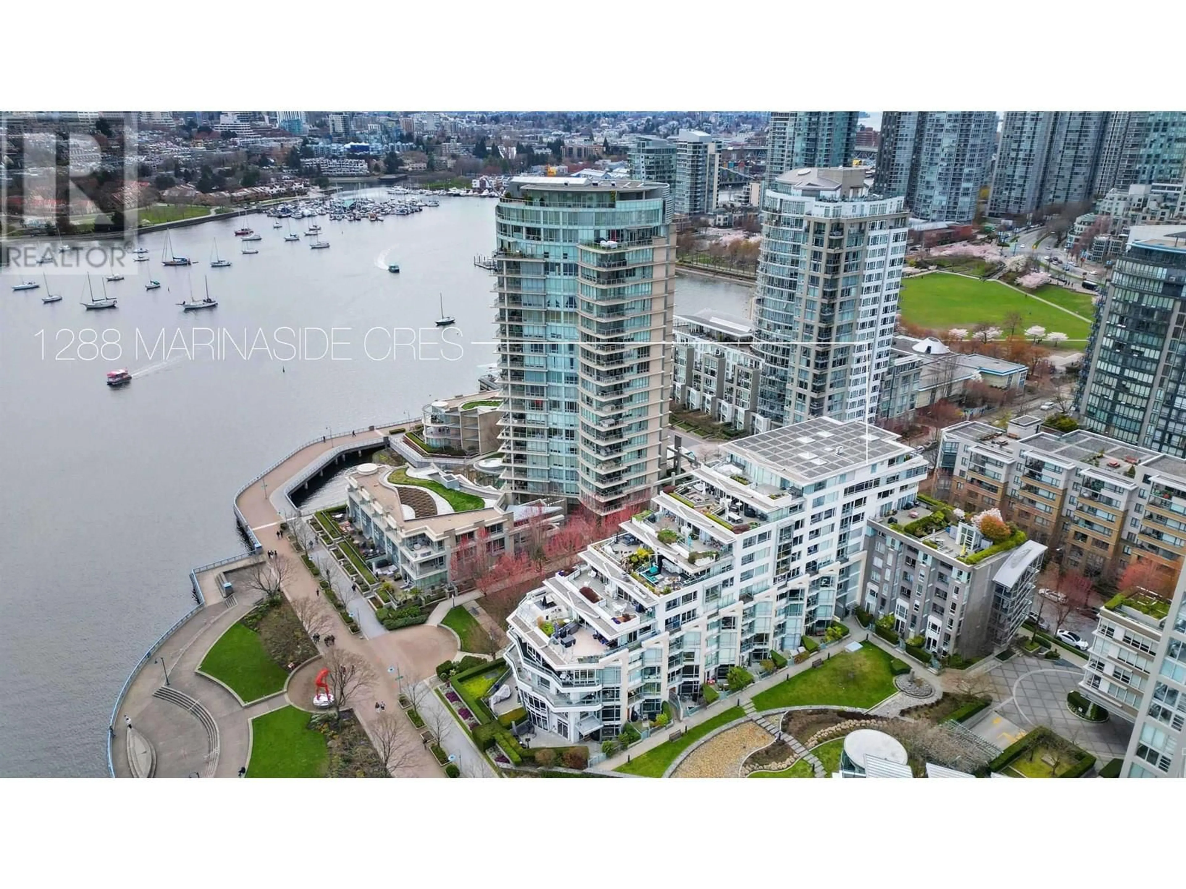 A pic from outside/outdoor area/front of a property/back of a property/a pic from drone, water/lake/river/ocean view for 906 - 1288 MARINASIDE CRESCENT, Vancouver British Columbia V6Z2W5