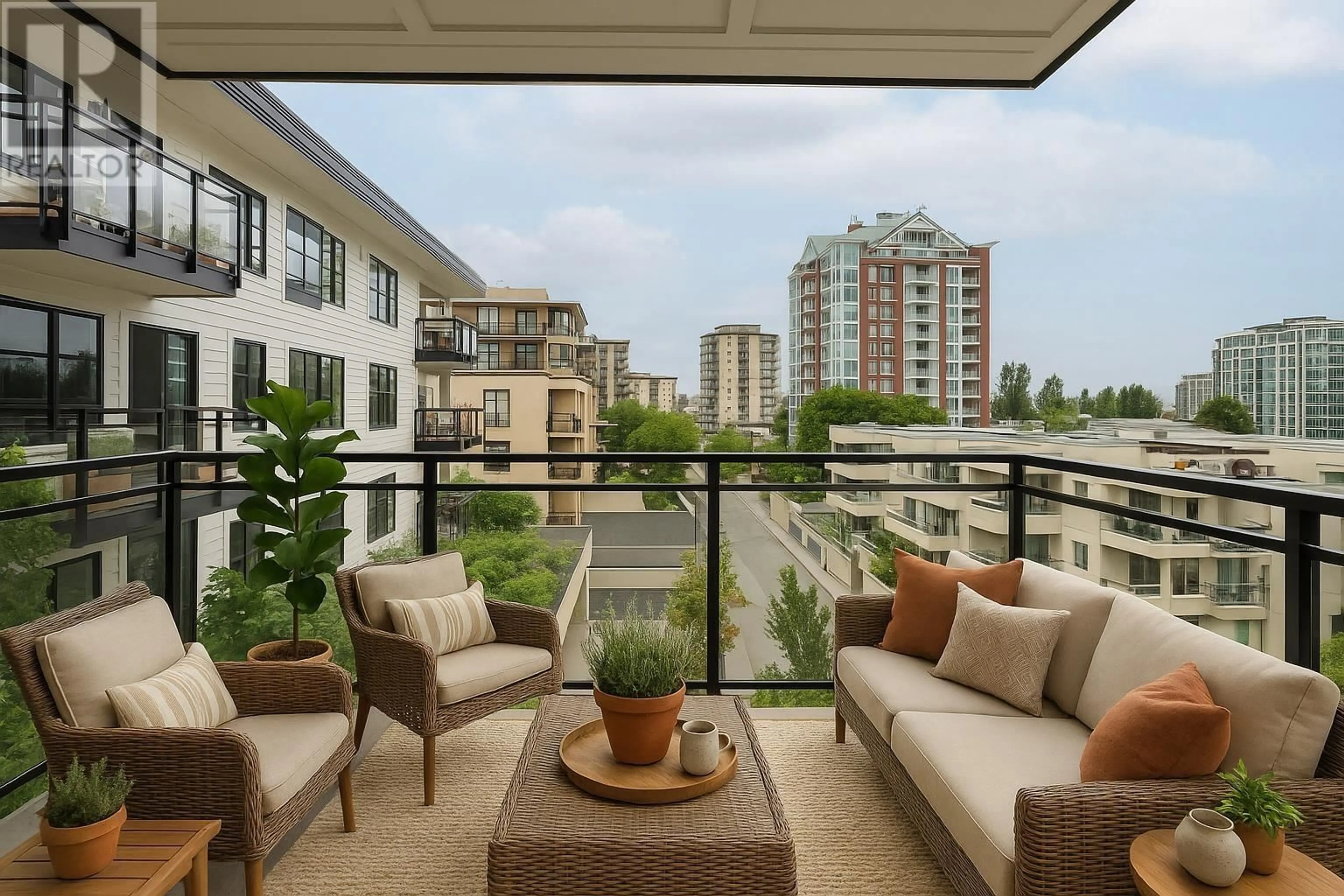 Patio, city buildings view from balcony for 414 - 111 3RD STREET, North Vancouver British Columbia V7L0C6