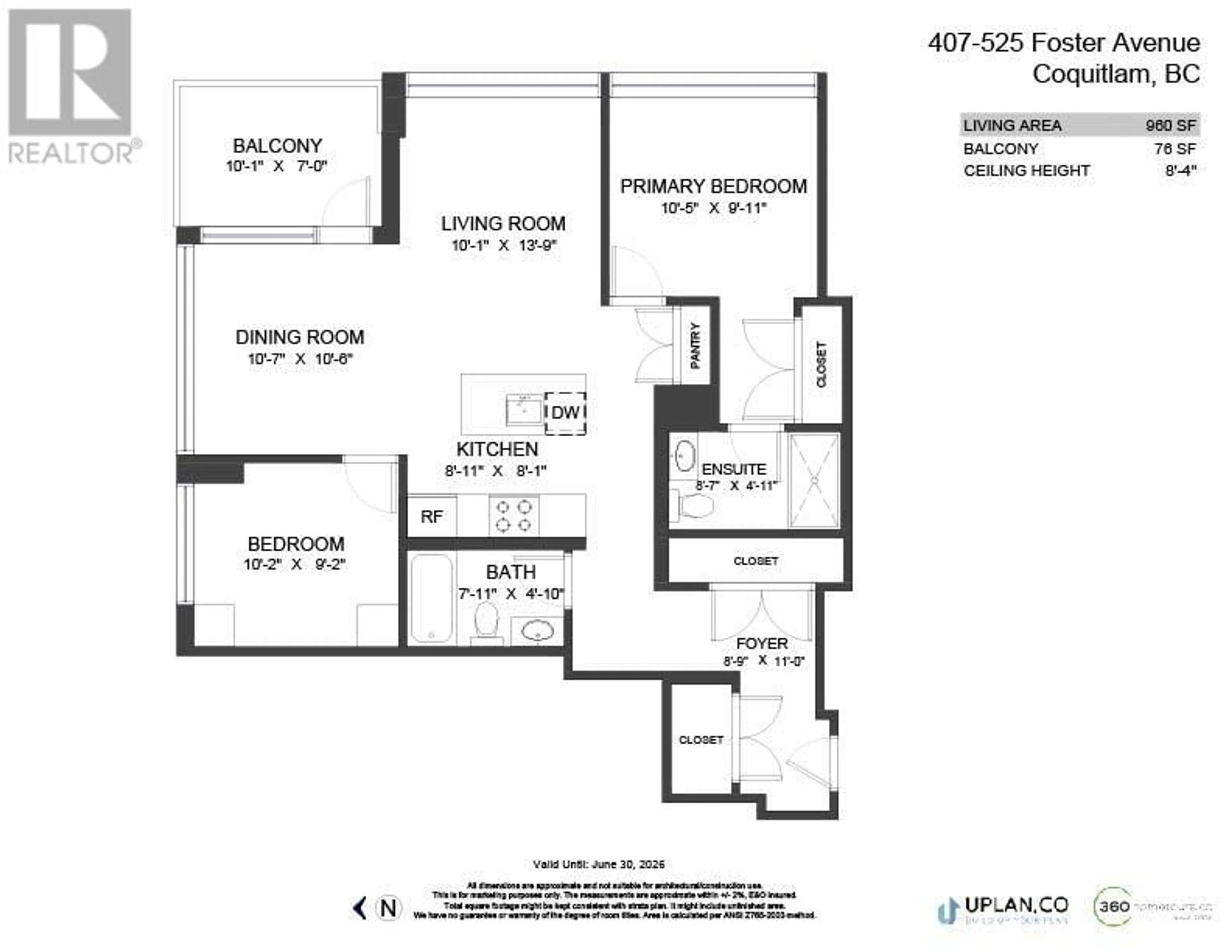Floor plan for 407 - 525 FOSTER AVENUE, Coquitlam British Columbia V3J0H6