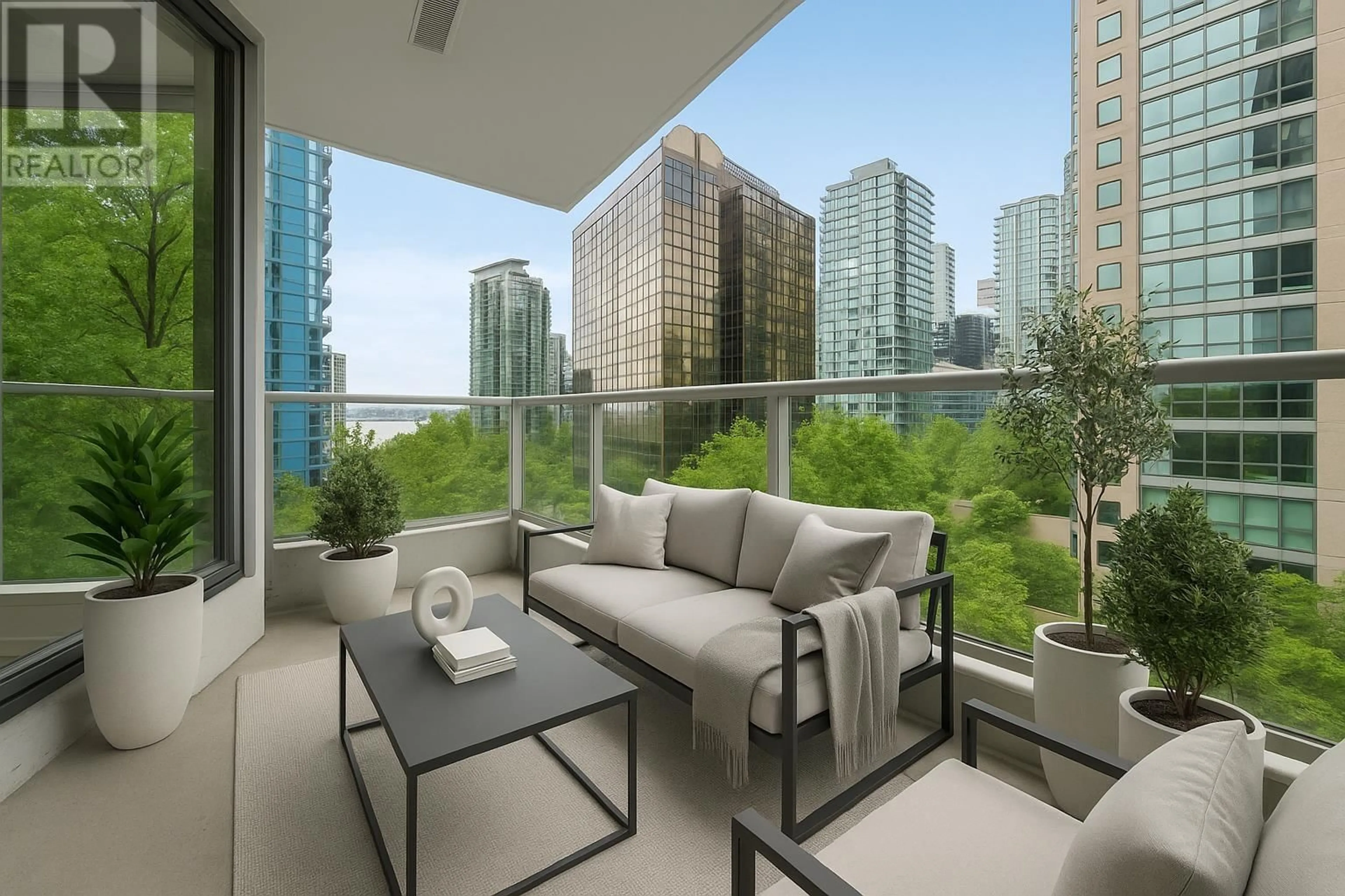 Patio, city buildings view from balcony for 701 - 1420 GEORGIA STREET, Vancouver British Columbia V6G3K4