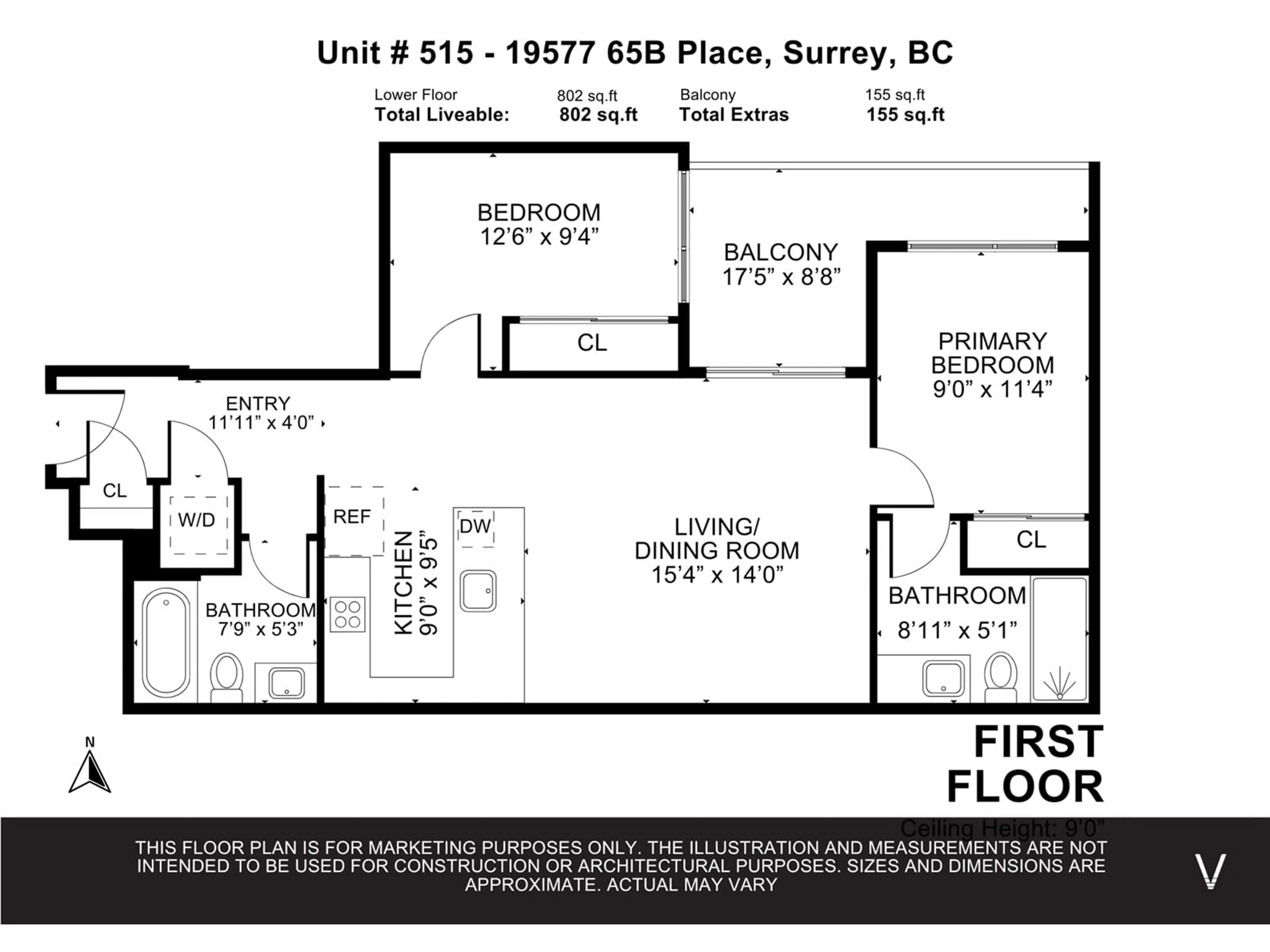 Floor plan for 515 - 19577 65B, Surrey British Columbia V4N6Y3