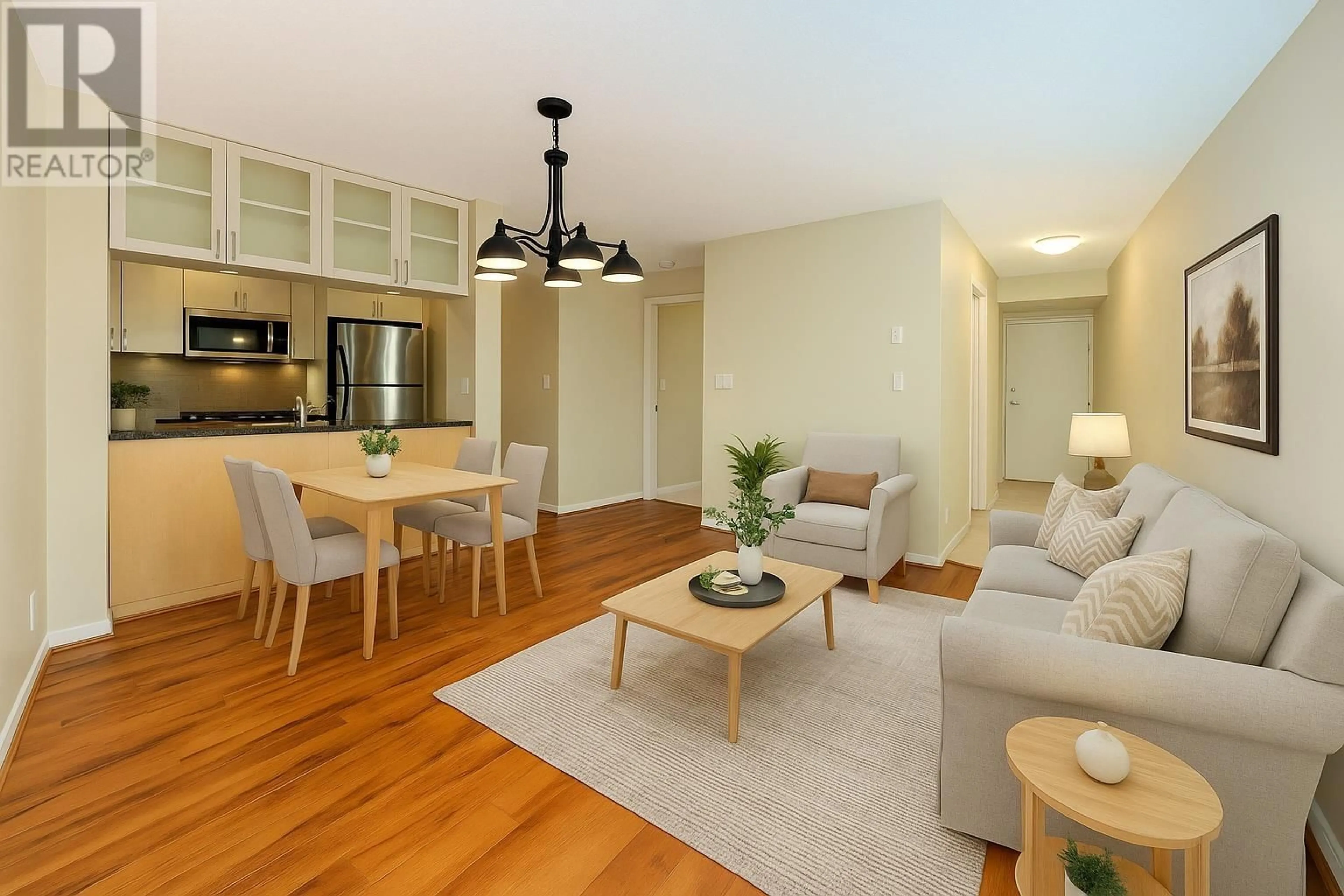 Living room with furniture, wood/laminate floor for 906 - 6351 BUSWELL STREET, Richmond British Columbia V6Y0A4