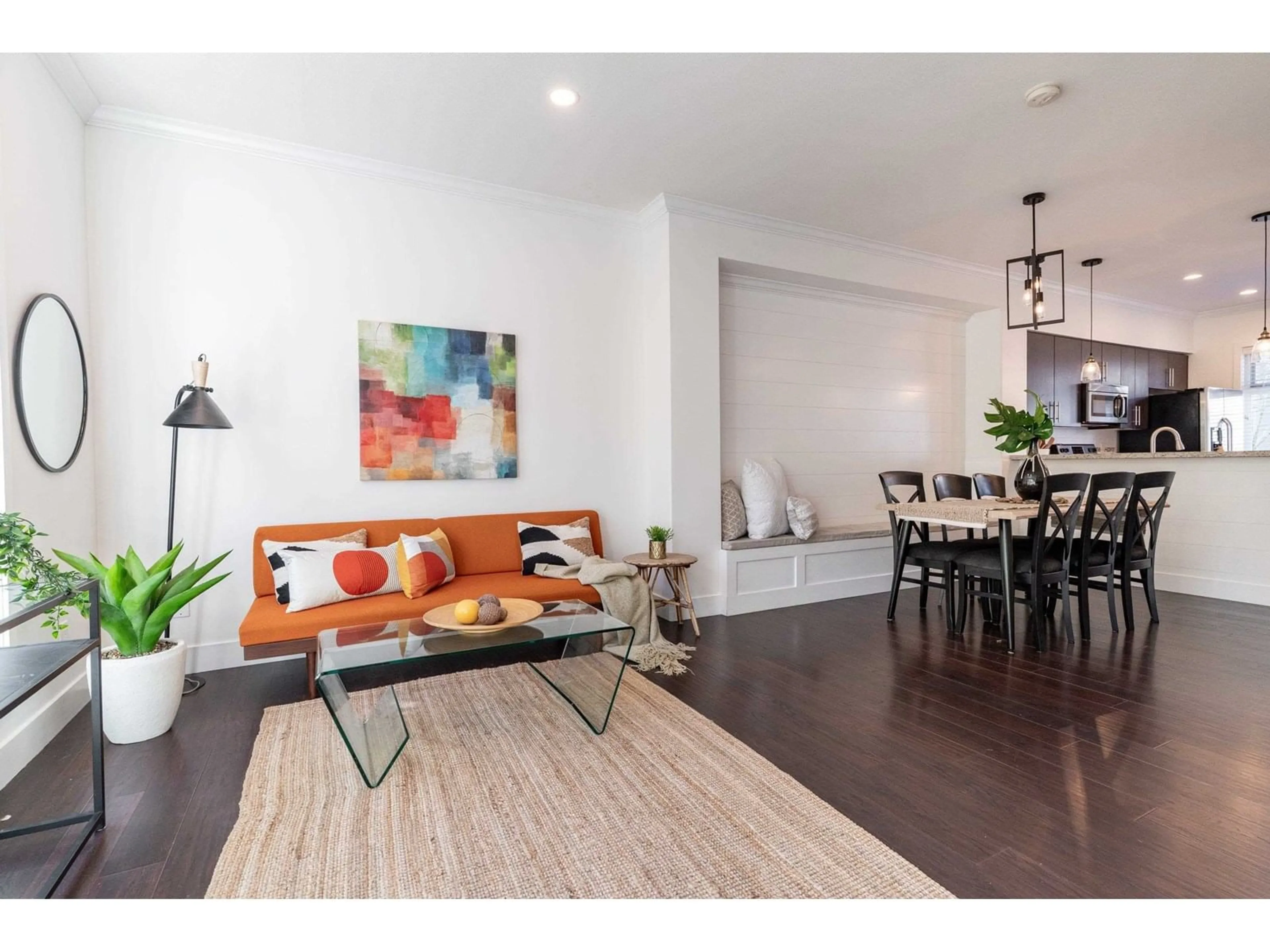 Living room with furniture, wood/laminate floor for 30 - 15405 31, Surrey British Columbia V3Z2W5