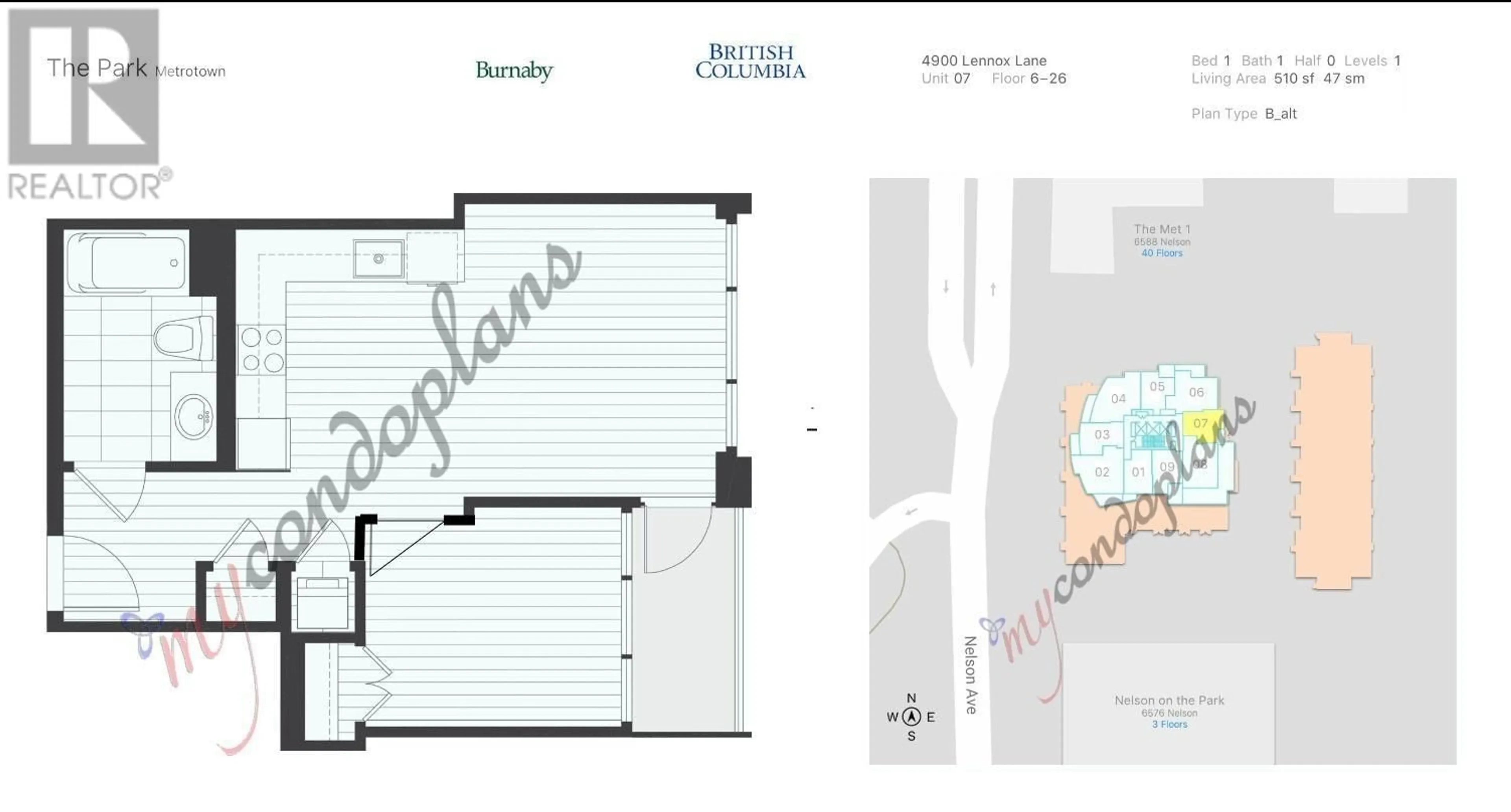 Floor plan for 1107 - 4900 LENNOX LANE, Burnaby British Columbia V5G0G9