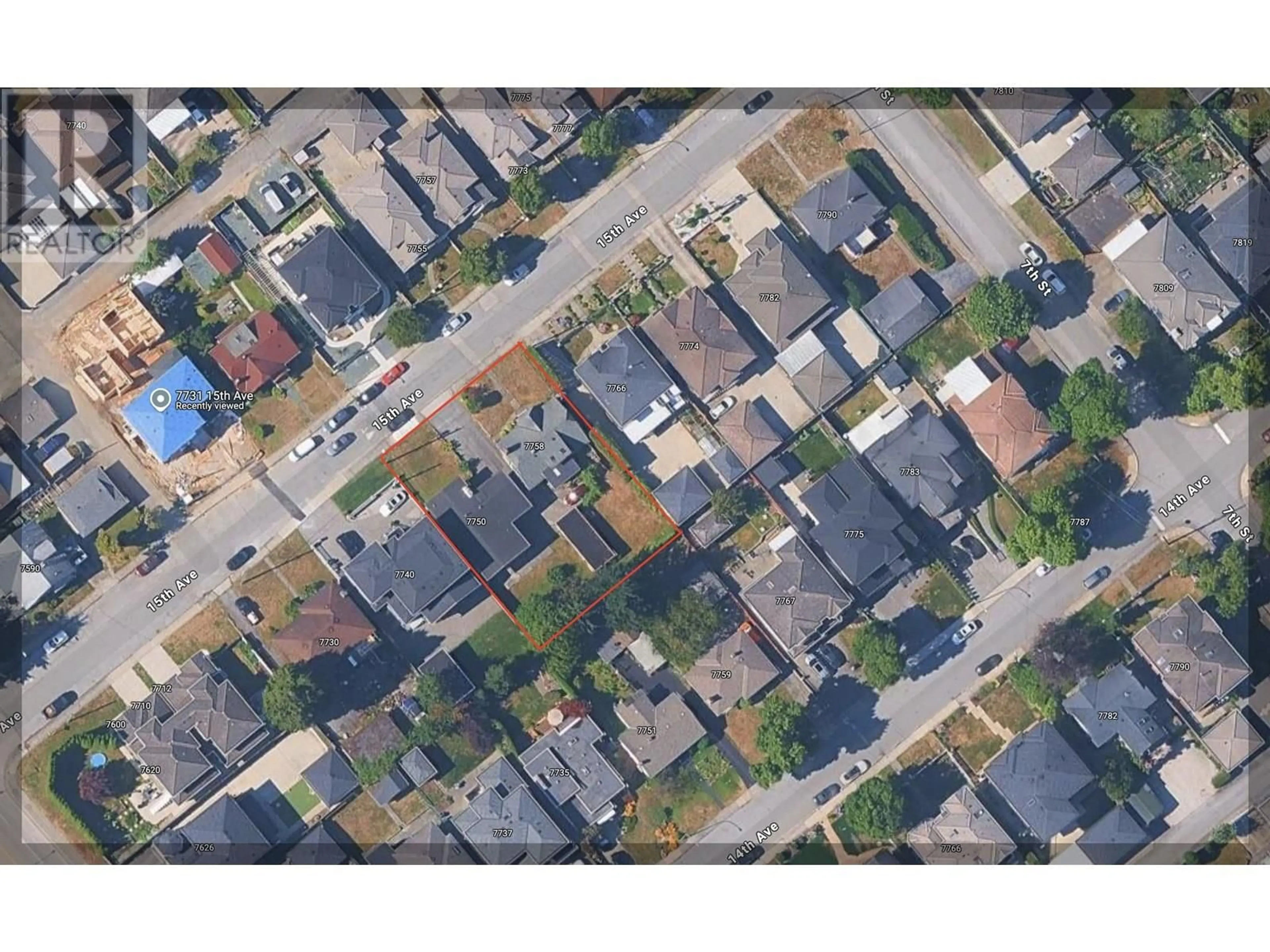 A pic from outside/outdoor area/front of a property/back of a property/a pic from drone, street for 7758 15 TH AVENUE, Burnaby British Columbia V3N1W5