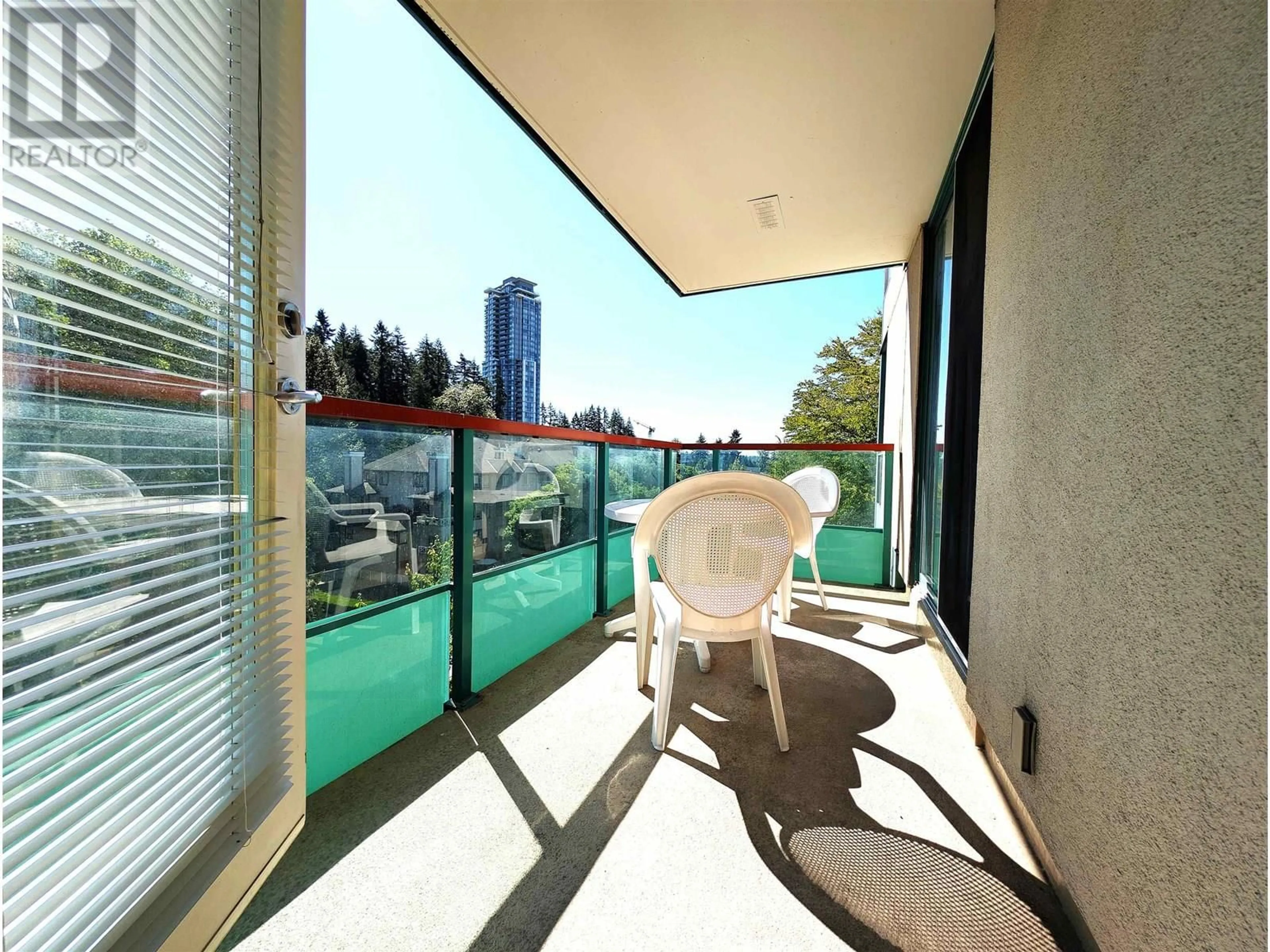 Balcony in the apartment, city buildings view from balcony for 502 - 1148 HEFFLEY CRESCENT, Coquitlam British Columbia V3B8A6