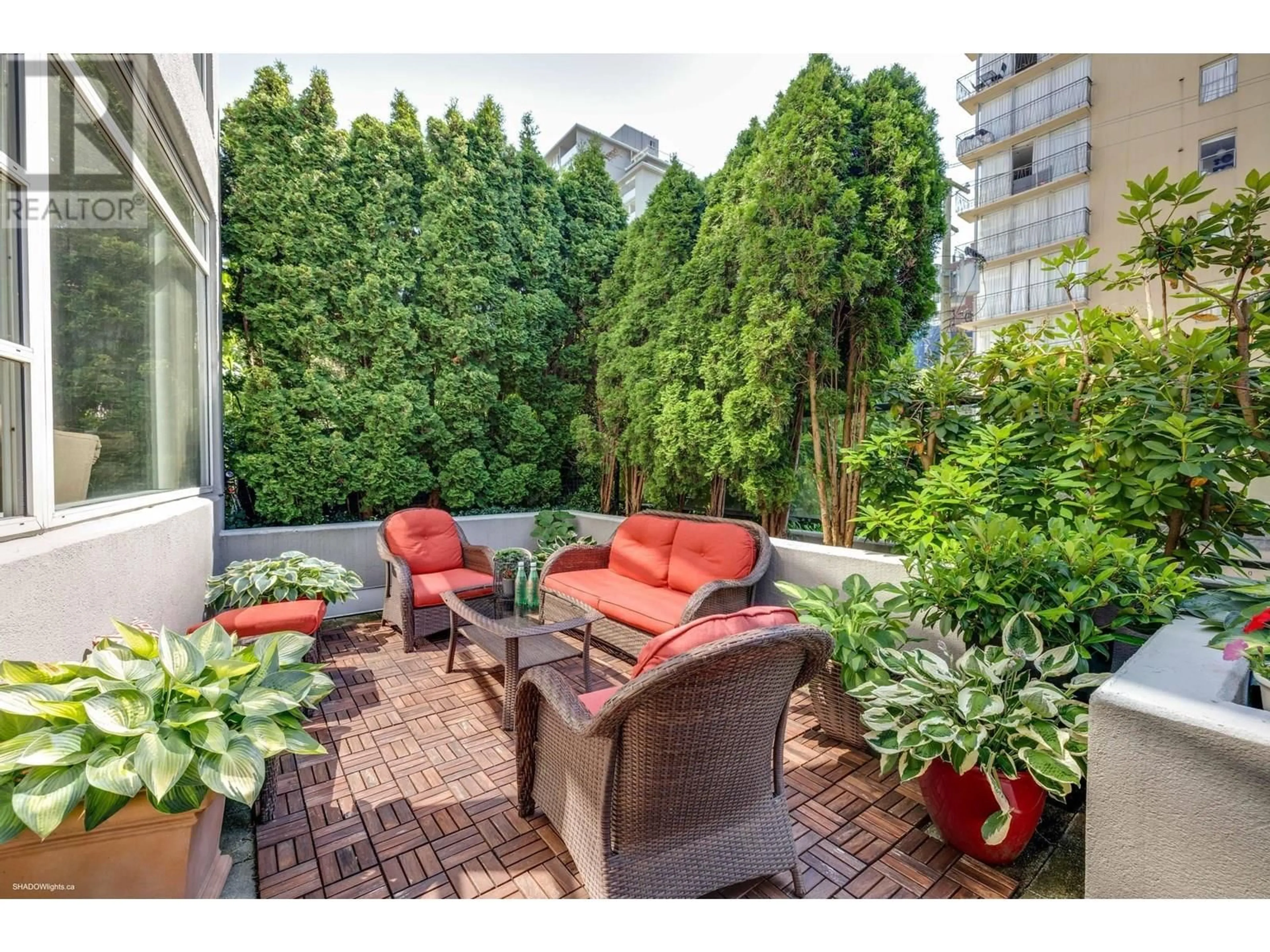 Patio, city buildings view from balcony for 204 - 1272 COMOX STREET, Vancouver British Columbia V6E1K7