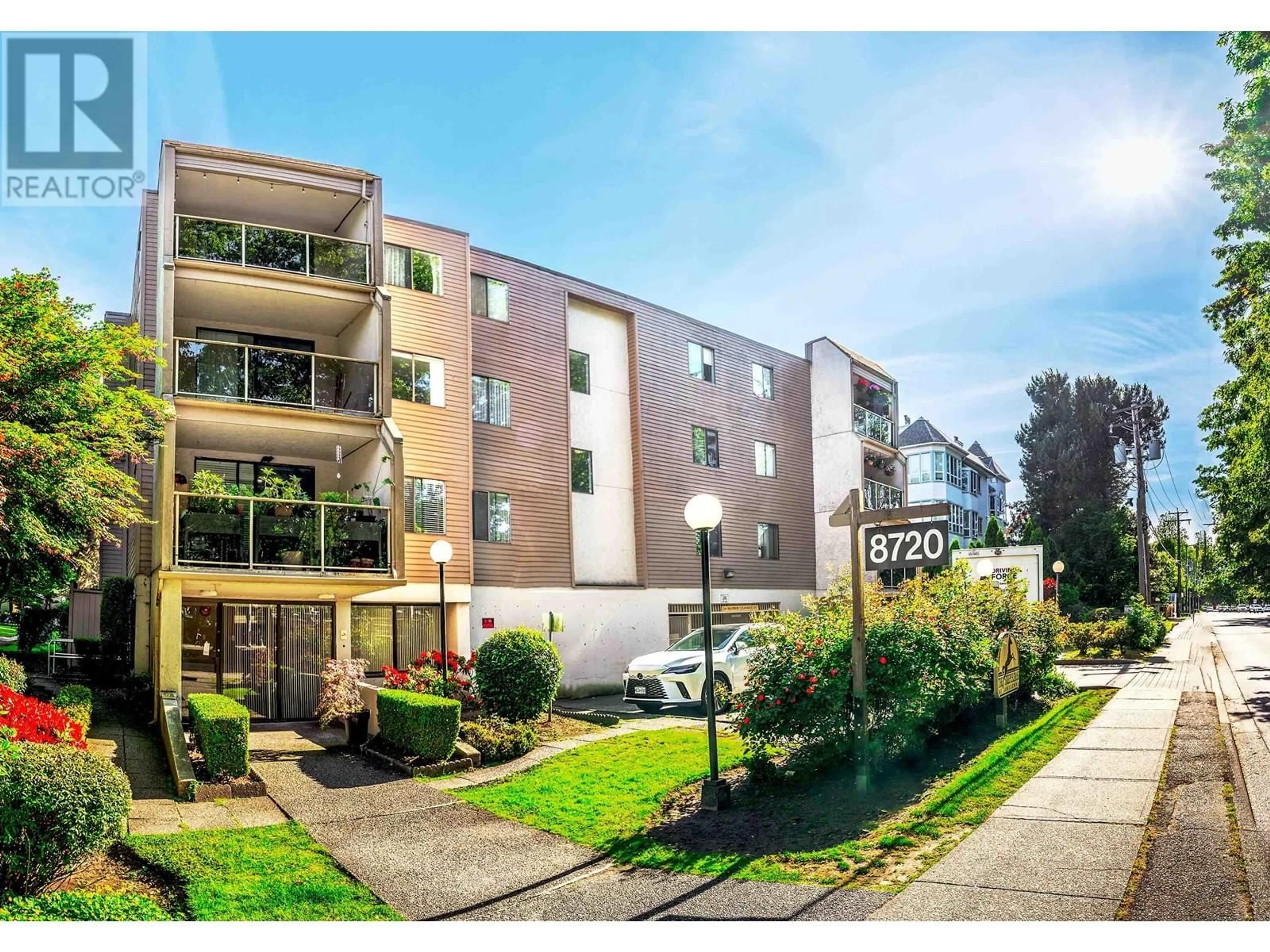A pic from outside/outdoor area/front of a property/back of a property/a pic from drone, street for 203 - 8720 LANSDOWNE ROAD, Richmond British Columbia V6X1B9