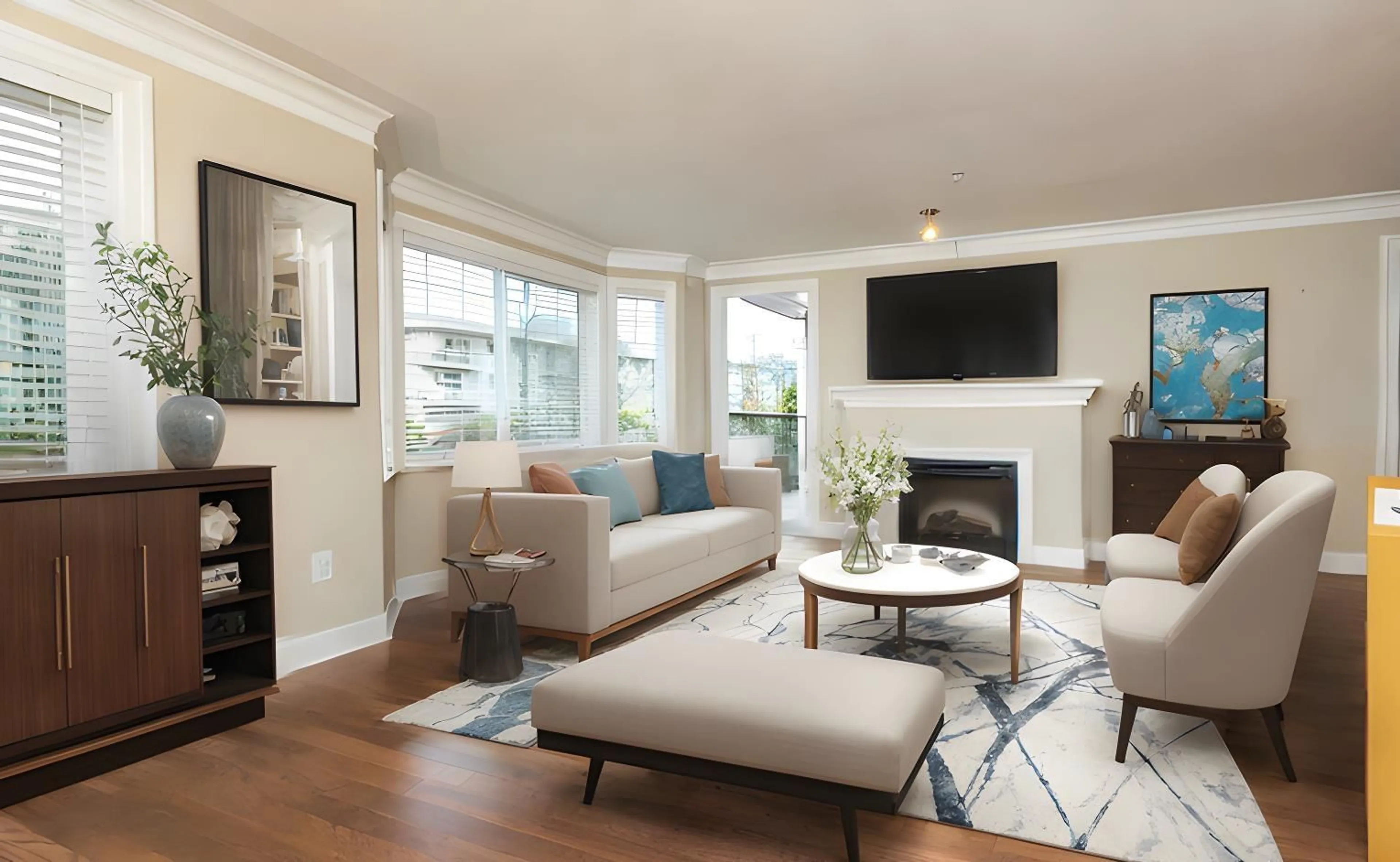 Living room with furniture, wood/laminate floor for 207 - 15357 ROPER, White Rock British Columbia V4B2G2