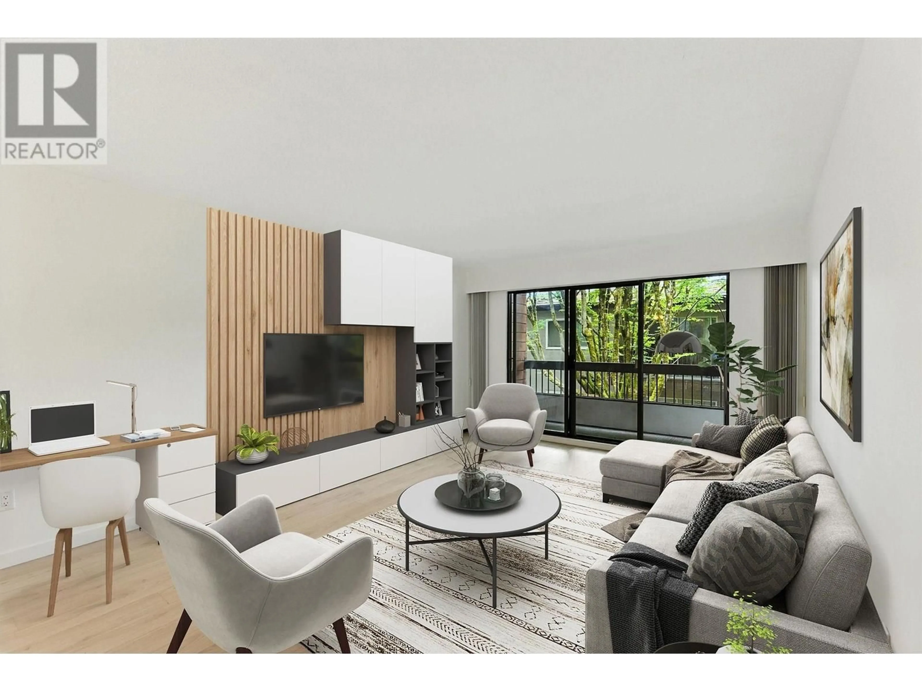 Living room with furniture, wood/laminate floor for 203 - 7180 LINDEN AVENUE, Burnaby British Columbia V5E3G6