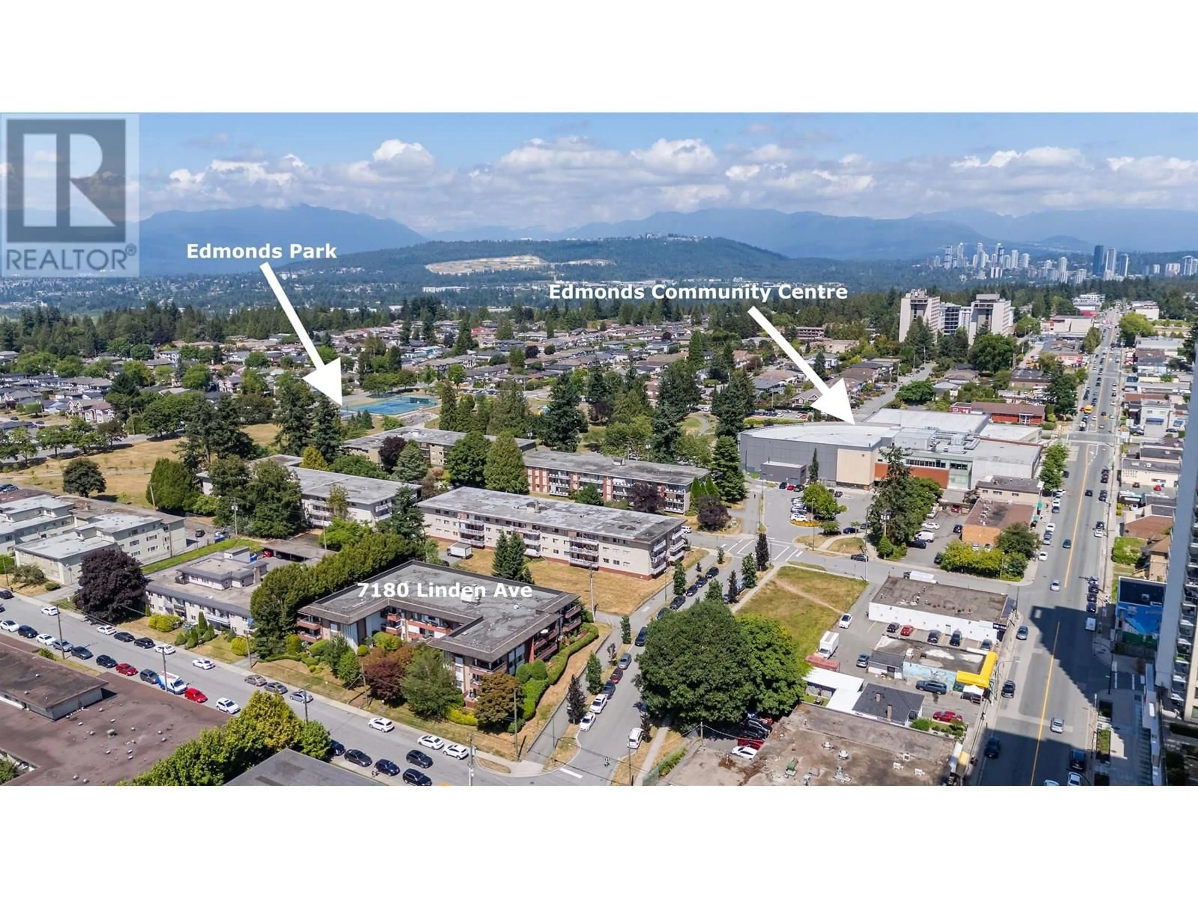 A pic from outside/outdoor area/front of a property/back of a property/a pic from drone, mountain view for 203 - 7180 LINDEN AVENUE, Burnaby British Columbia V5E3G6