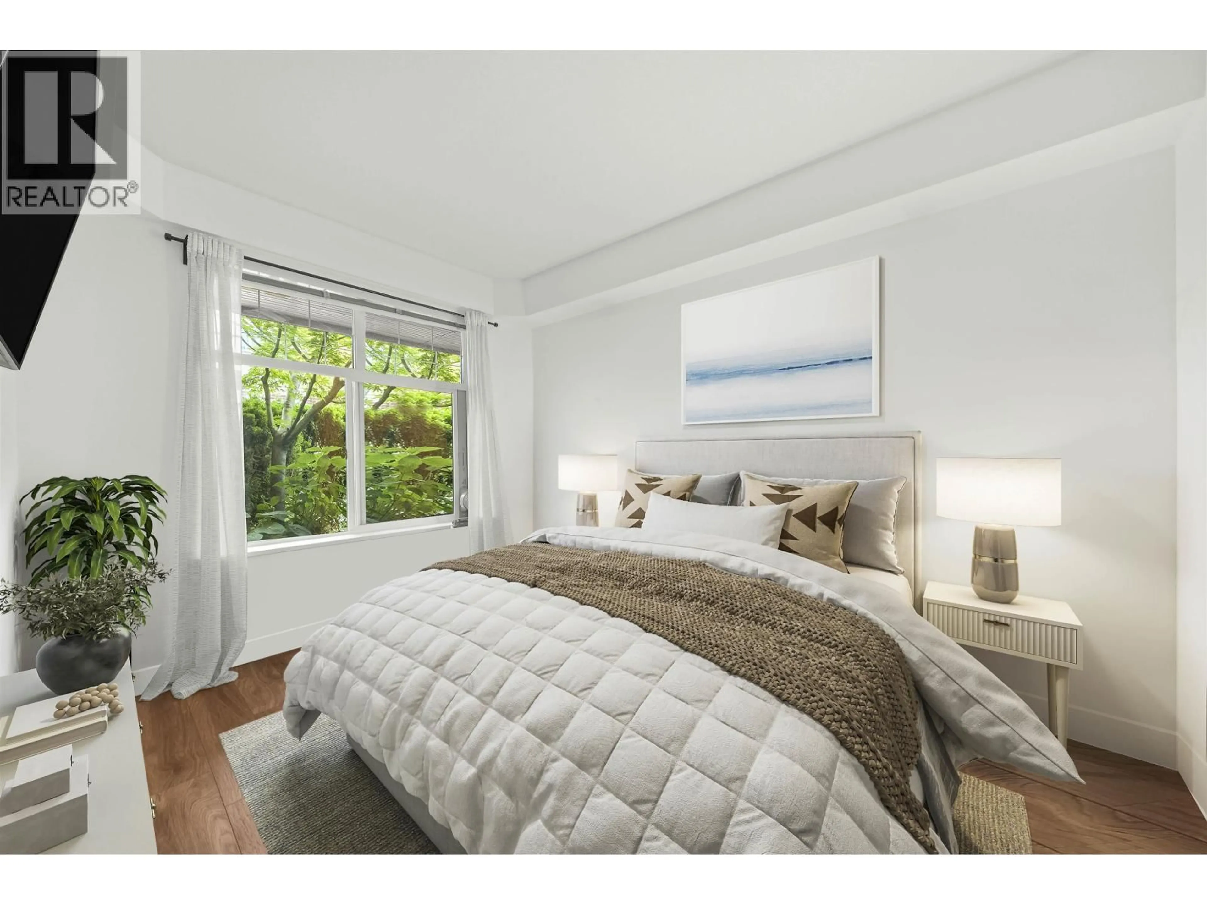 Bedroom with bed, wood/laminate floor for 106 - 3240 ST JOHNS STREET, Port Moody British Columbia V3H0C1