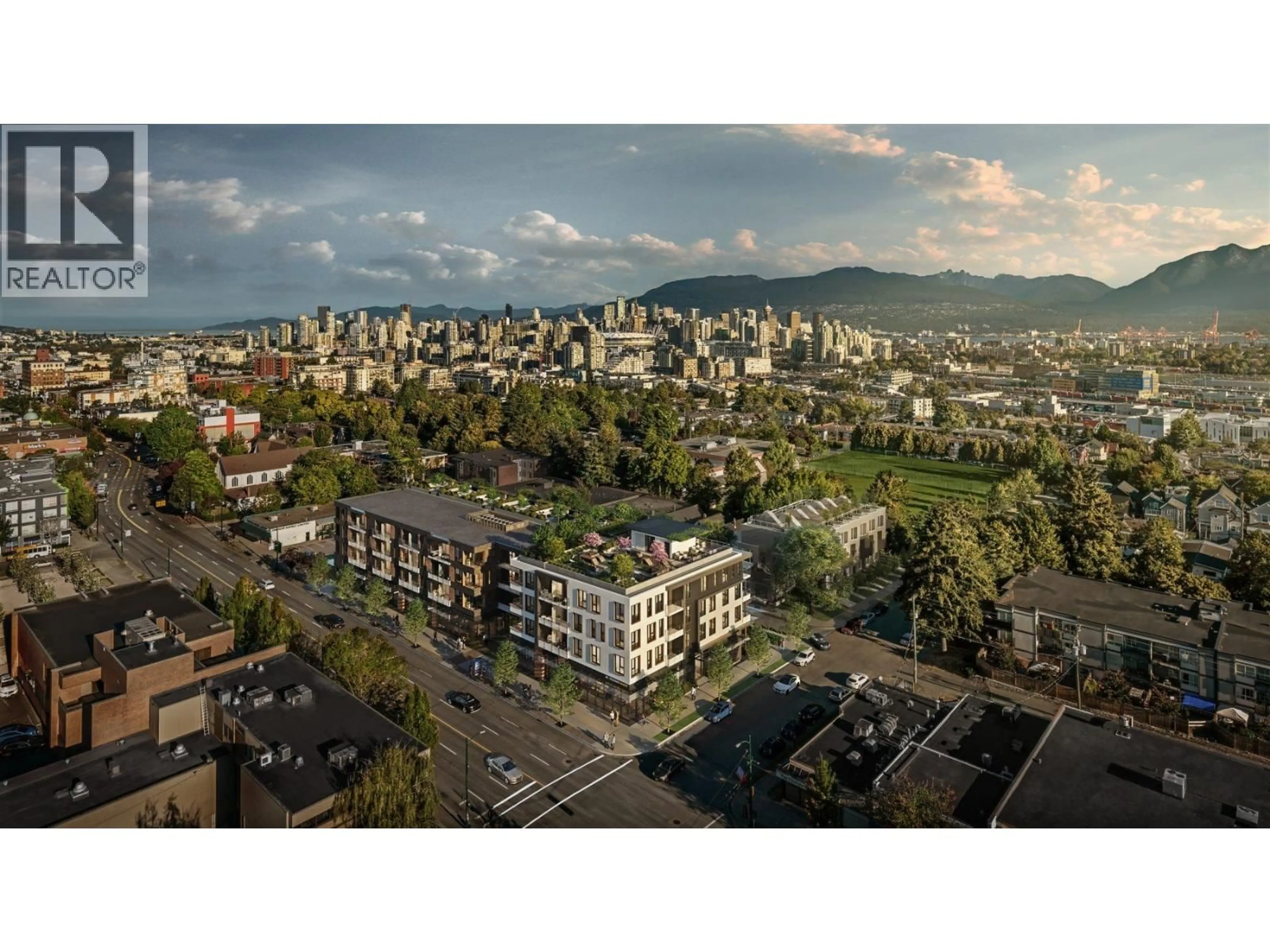 A pic from outside/outdoor area/front of a property/back of a property/a pic from drone, mountain view for 511 - 471 EAST BROADWAY, Vancouver British Columbia V5T1W9