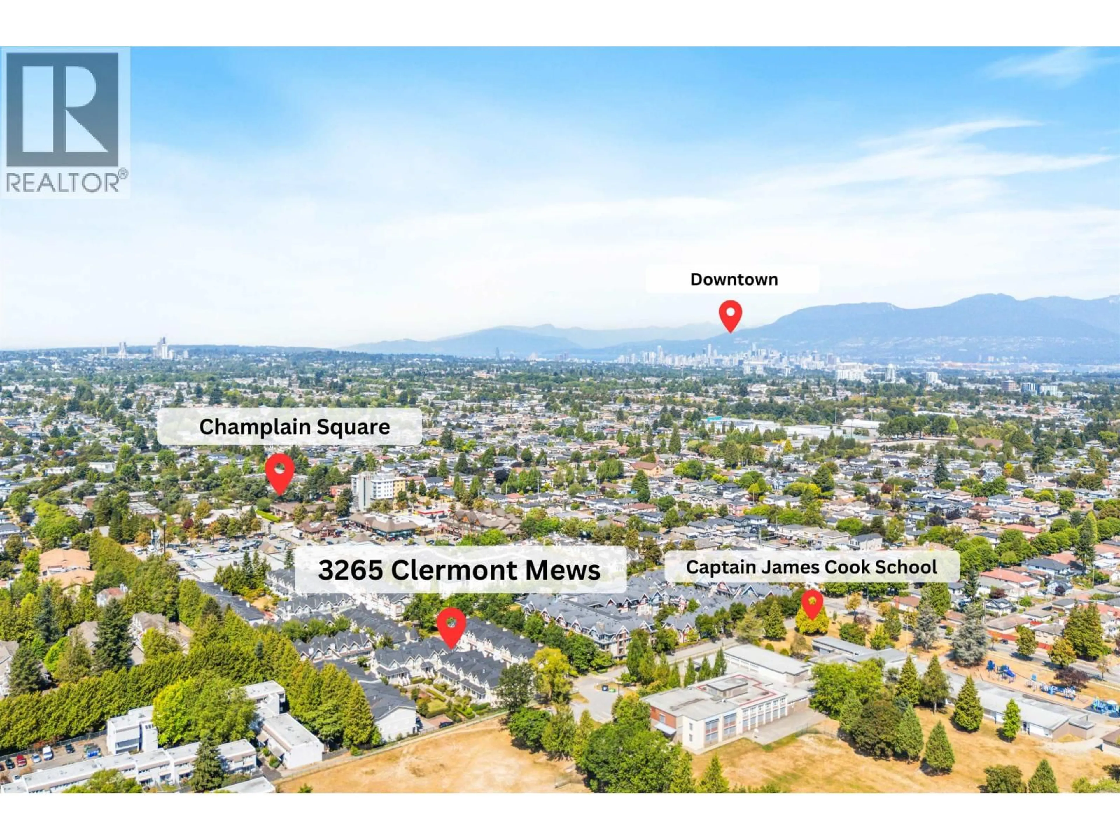 A pic from outside/outdoor area/front of a property/back of a property/a pic from drone, mountain view for 3265 CLERMONT MEWS, Vancouver British Columbia V5S4X3