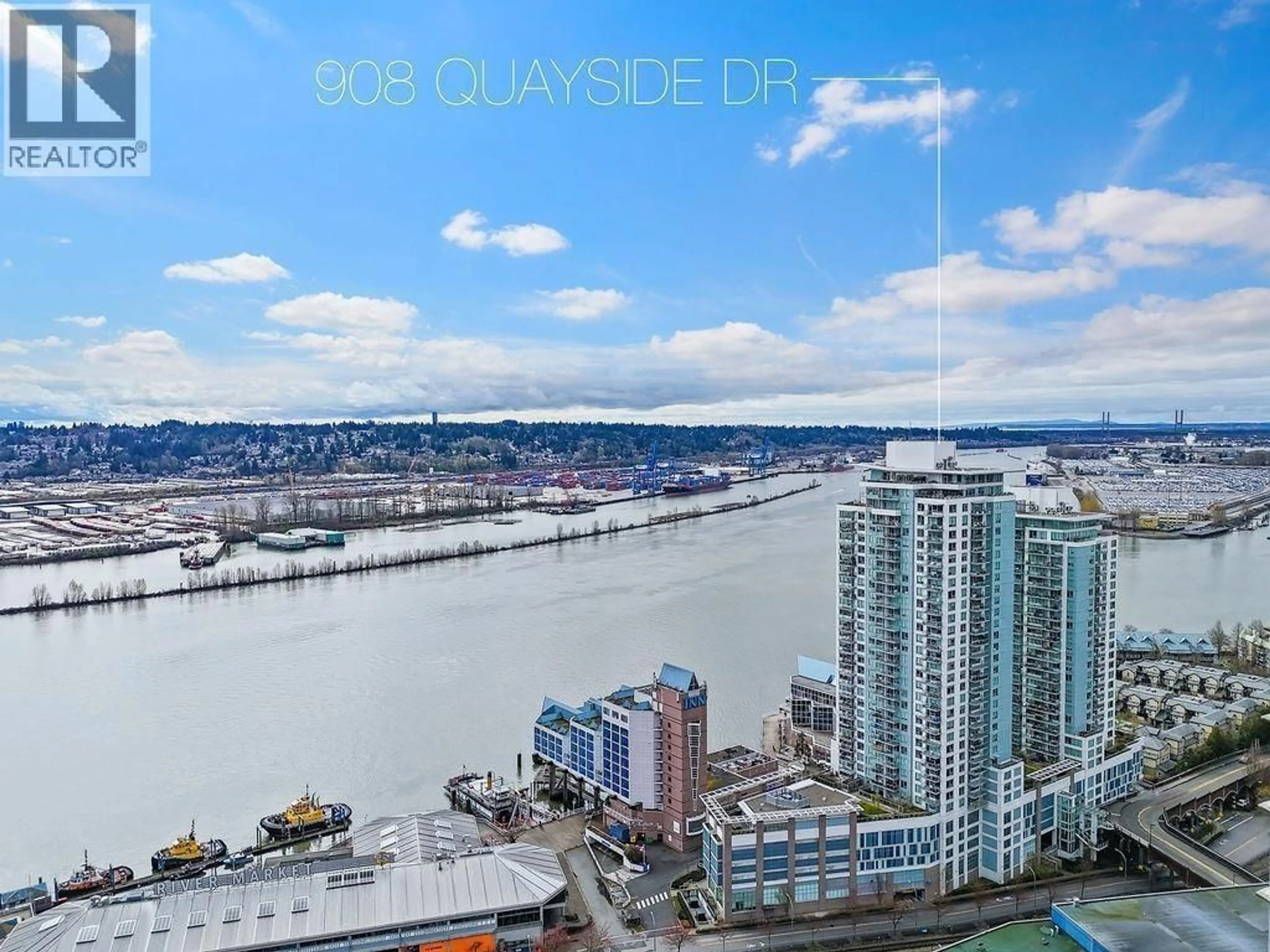 A pic from outside/outdoor area/front of a property/back of a property/a pic from drone, water/lake/river/ocean view for 3203 - 908 QUAYSIDE DRIVE, New Westminster British Columbia V3M0L4