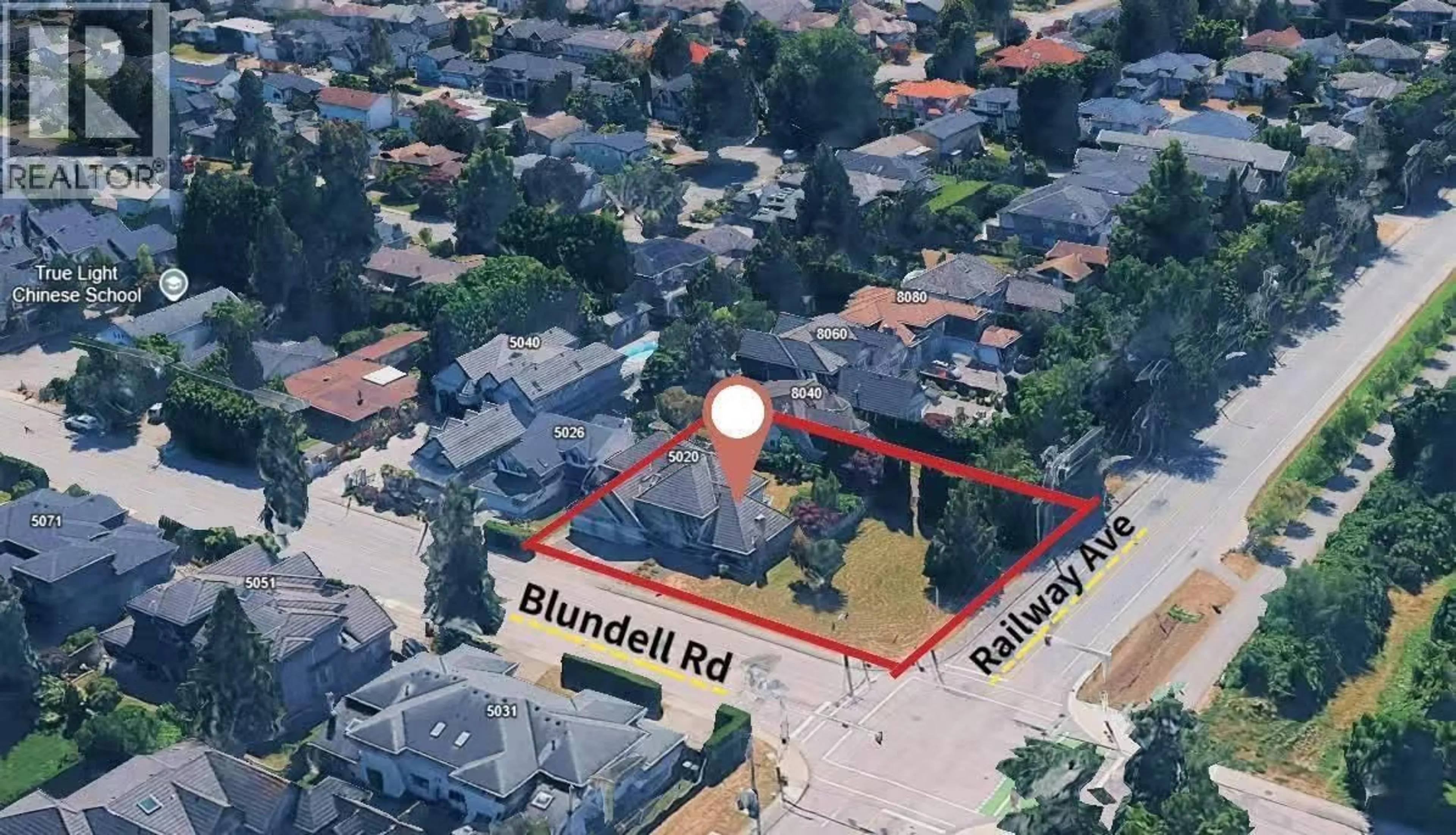 A pic from outside/outdoor area/front of a property/back of a property/a pic from drone, street for 5020 BLUNDELL ROAD, Richmond British Columbia V7C1H4
