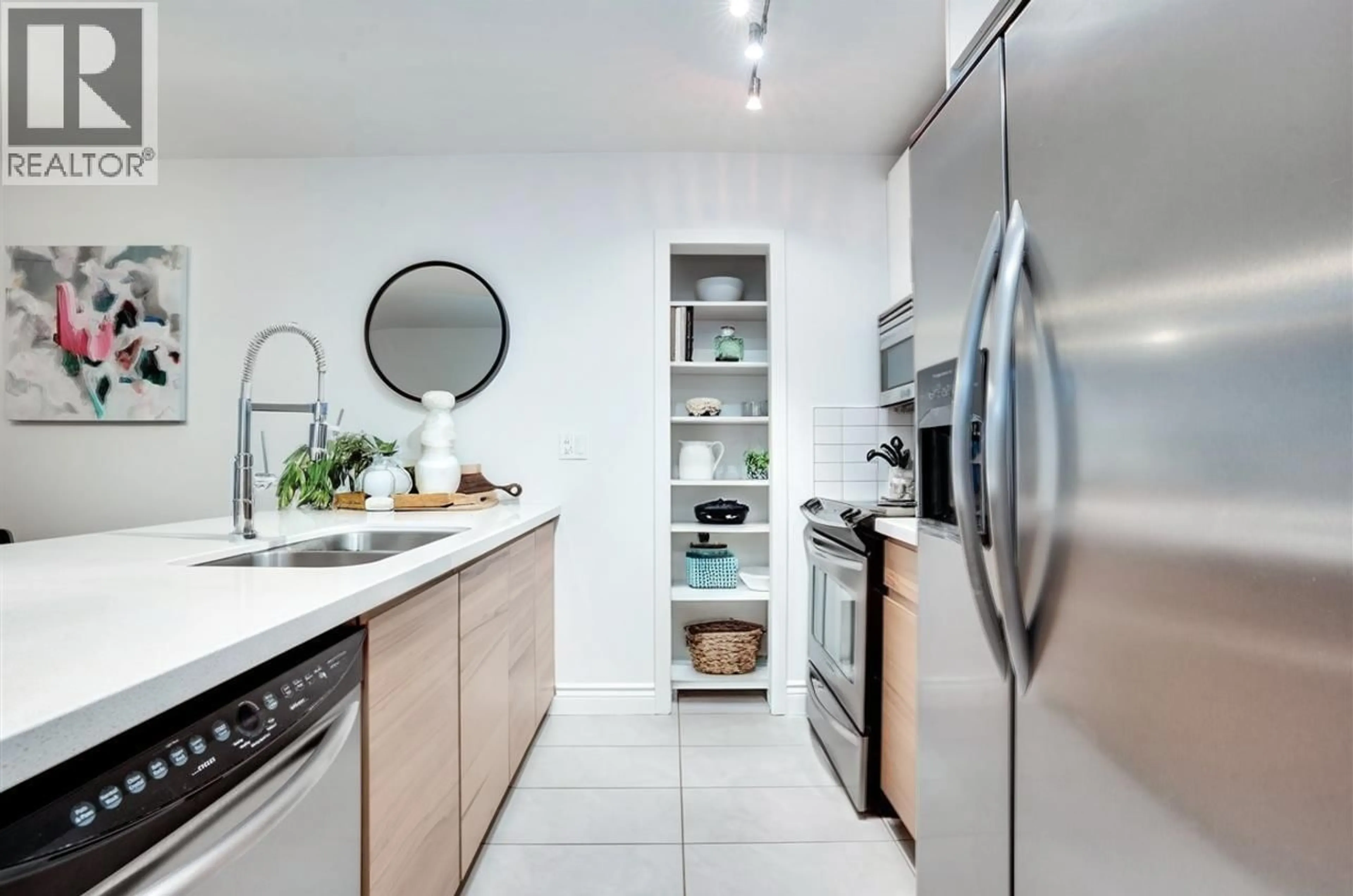 Contemporary kitchen, ceramic/tile floor for 203 - 1232 HARWOOD STREET, Vancouver British Columbia V6E1S2