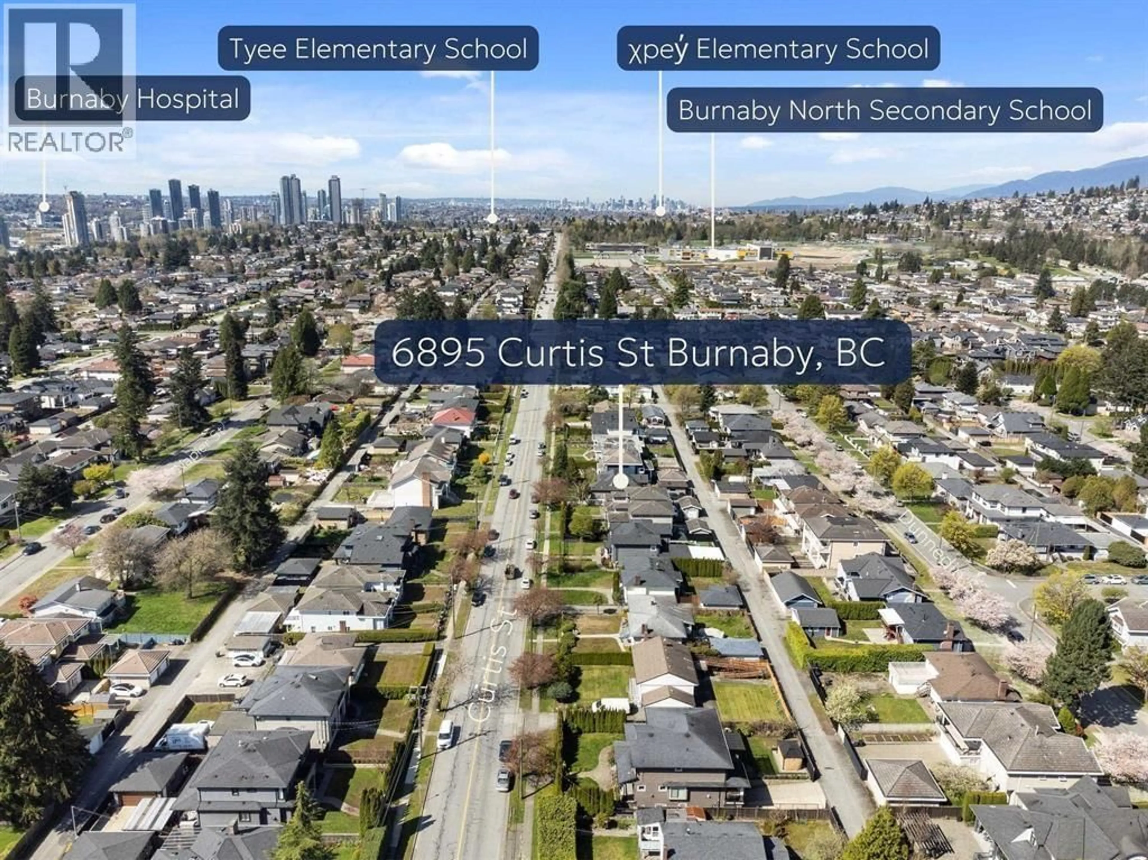 A pic from outside/outdoor area/front of a property/back of a property/a pic from drone, street for 6895 CURTIS STREET, Burnaby British Columbia V5B2B2