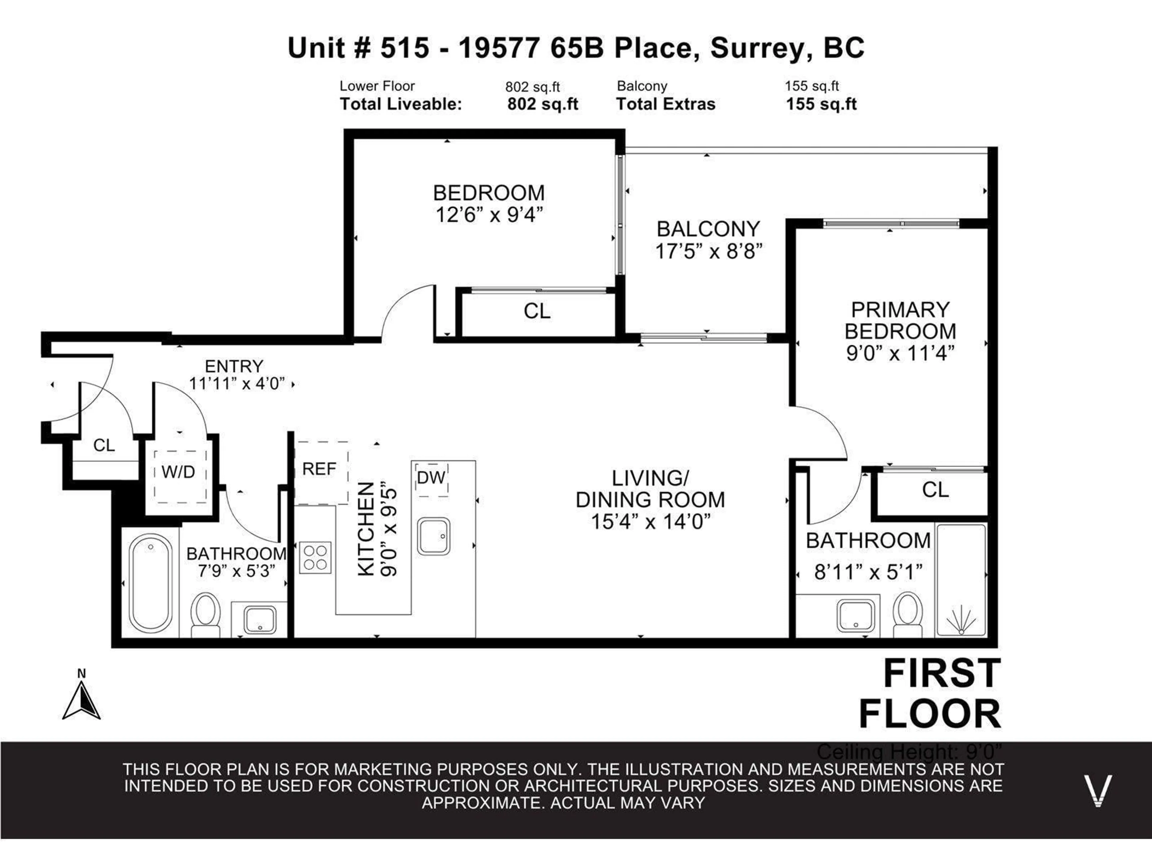 Floor plan for 515 - 19577 65B, Surrey British Columbia V4N6Y3