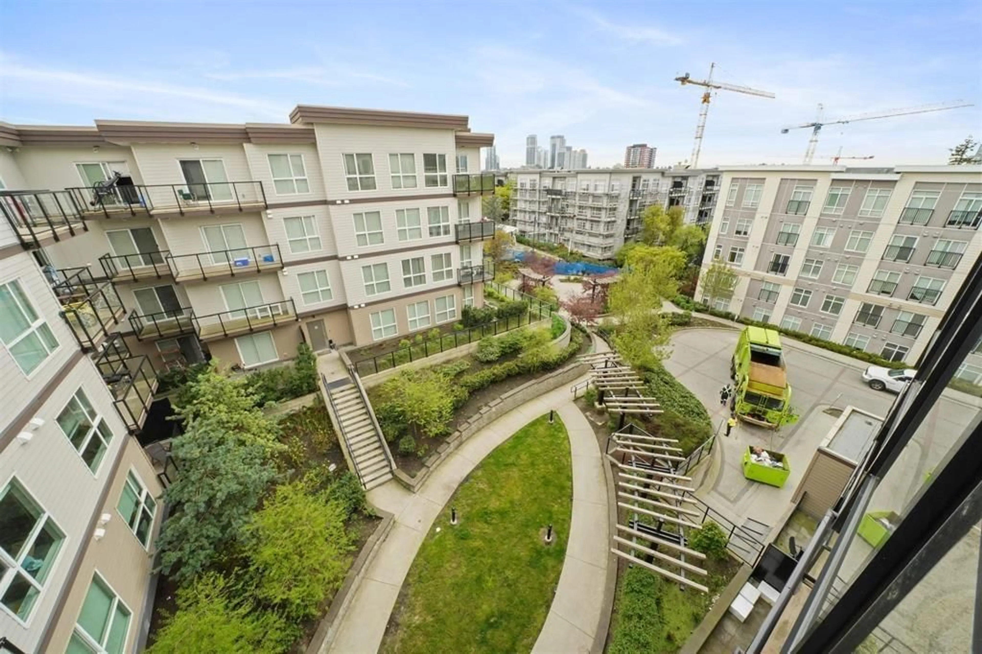 Patio, city buildings view from balcony for 503 - 13768 108, Surrey British Columbia V3T0L9