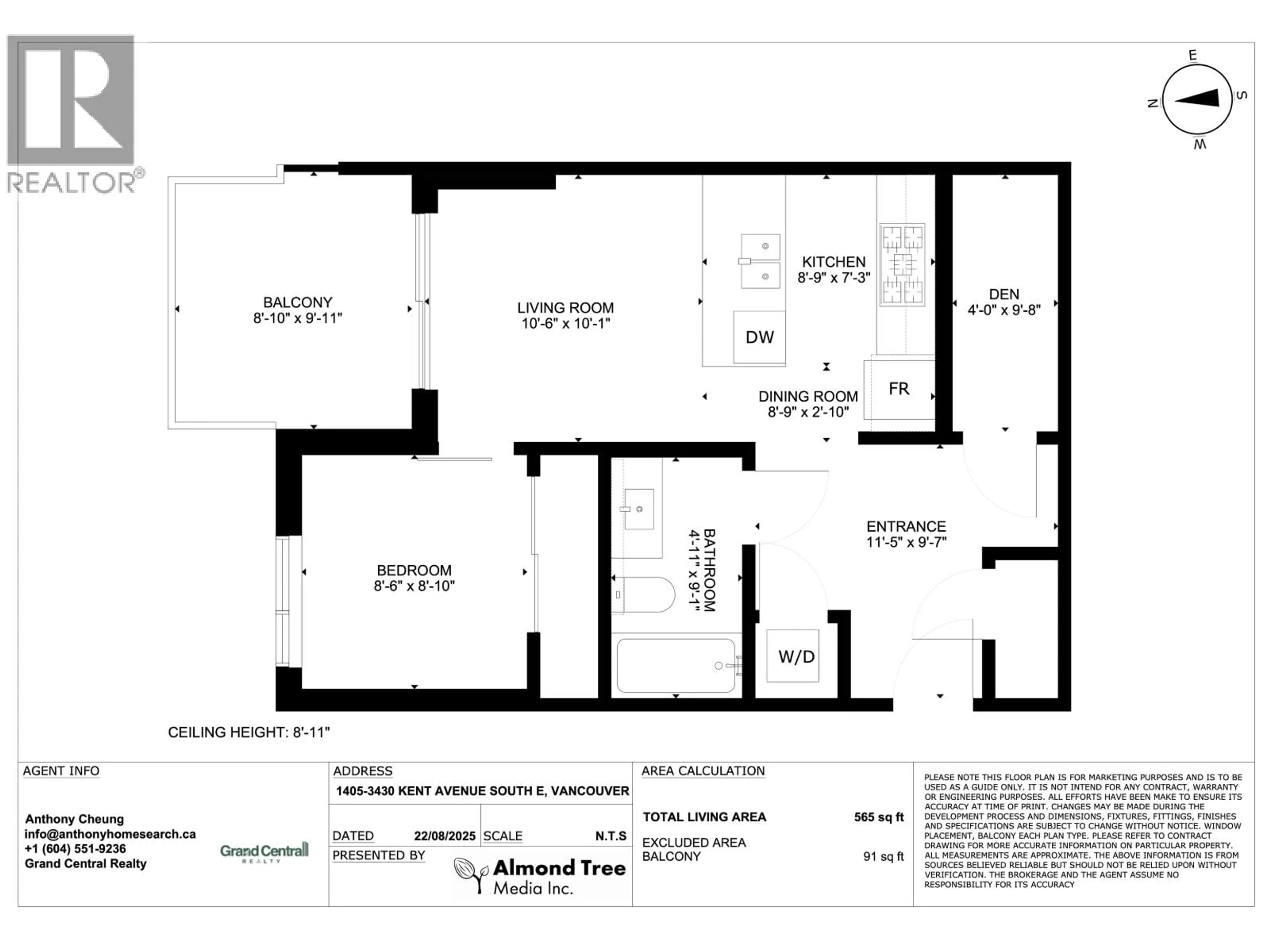 Floor plan for 1405 - 3430 KENT AVENUE, Vancouver British Columbia V5S0G7