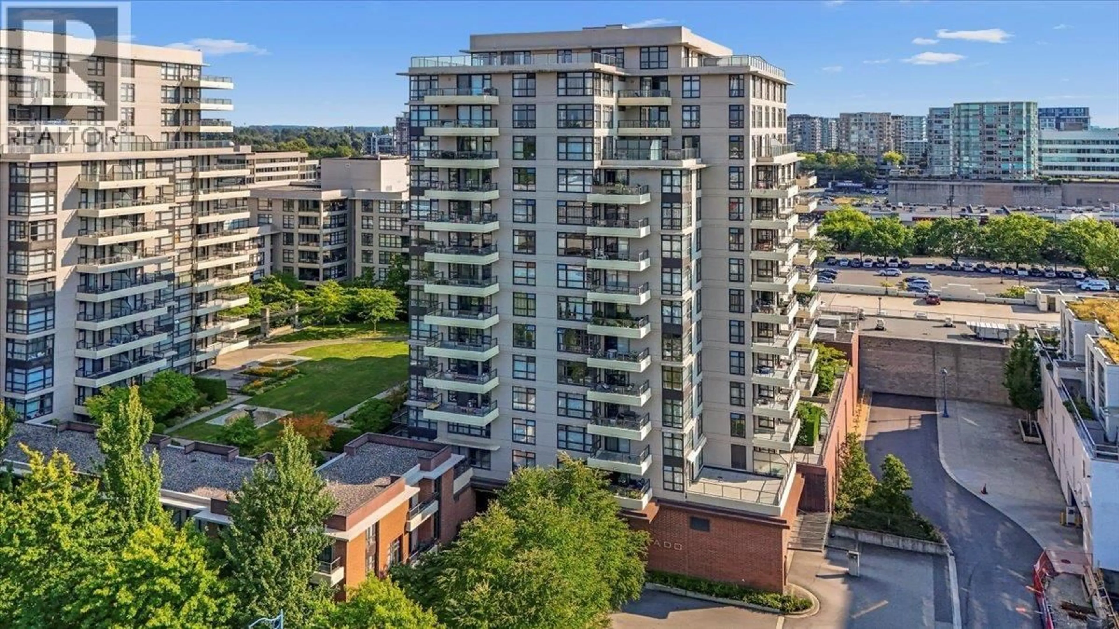 A pic from outside/outdoor area/front of a property/back of a property/a pic from drone, city buildings view from balcony for 602 - 8120 LANSDOWNE ROAD, Richmond British Columbia V6X0A1