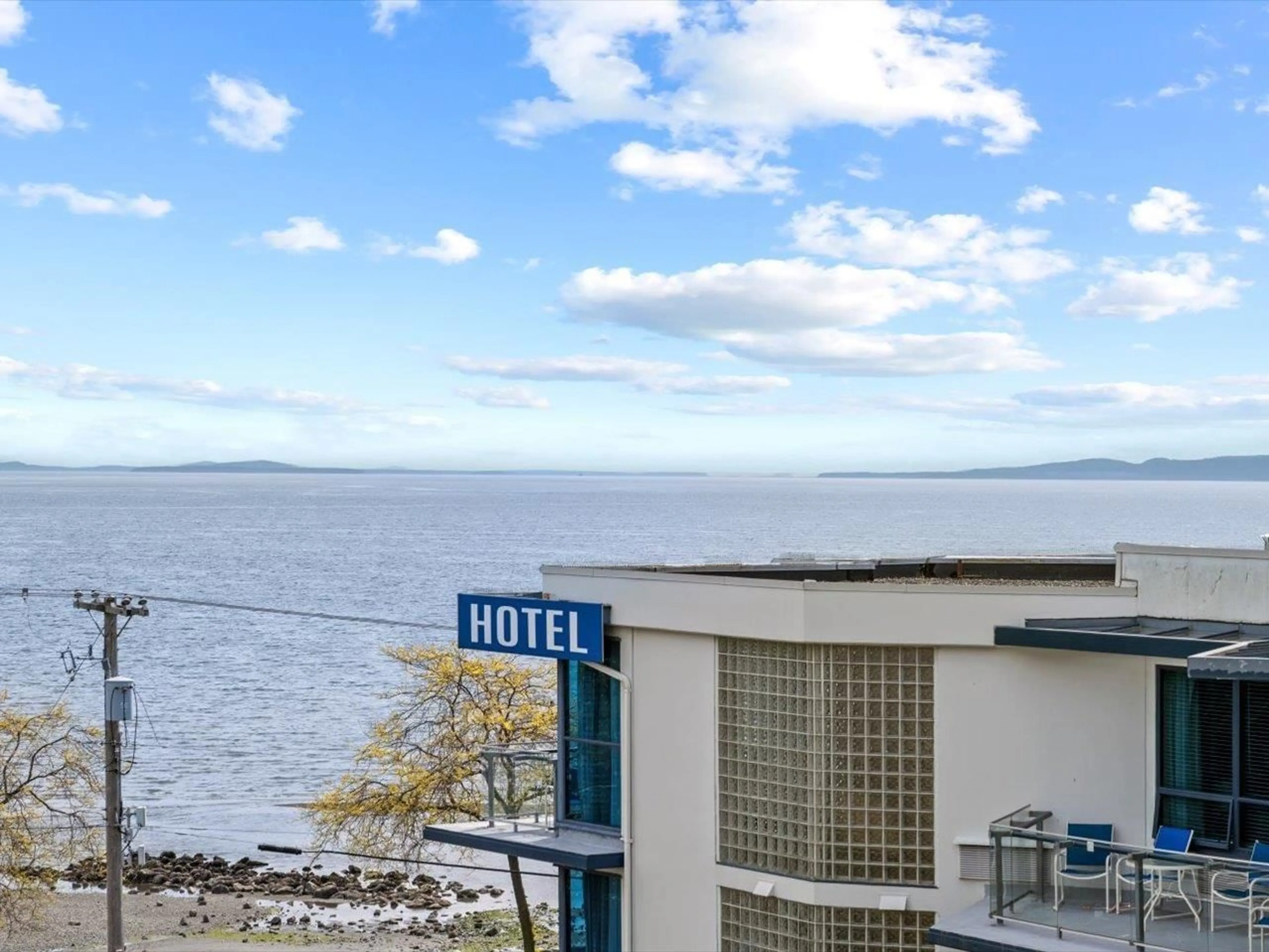 A pic from outside/outdoor area/front of a property/back of a property/a pic from drone, water/lake/river/ocean view for 310 - 15621 MARINE, White Rock British Columbia V4B1E1