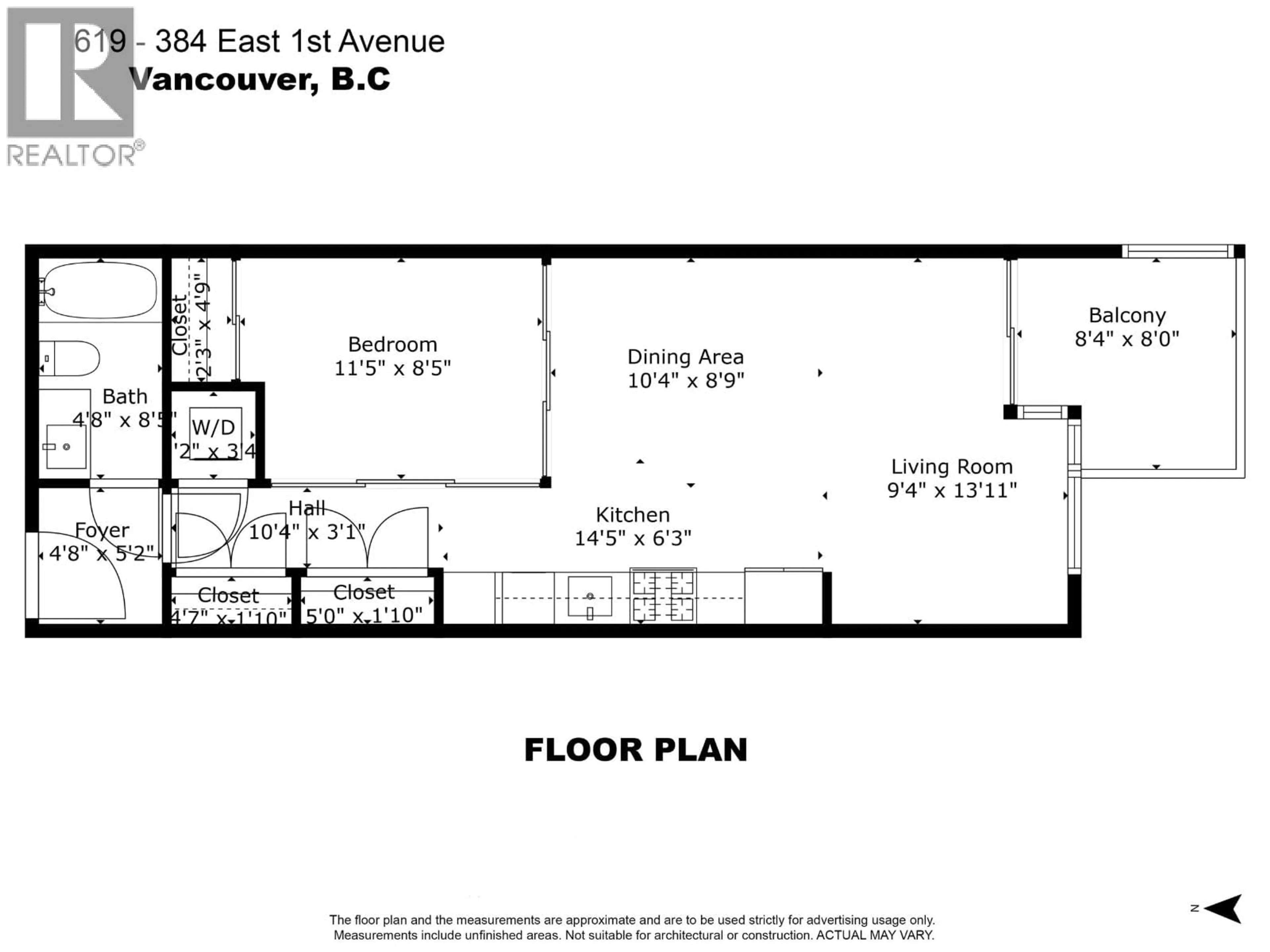 Floor plan for 619 - 384 1ST AVENUE, Vancouver British Columbia V5T0G5