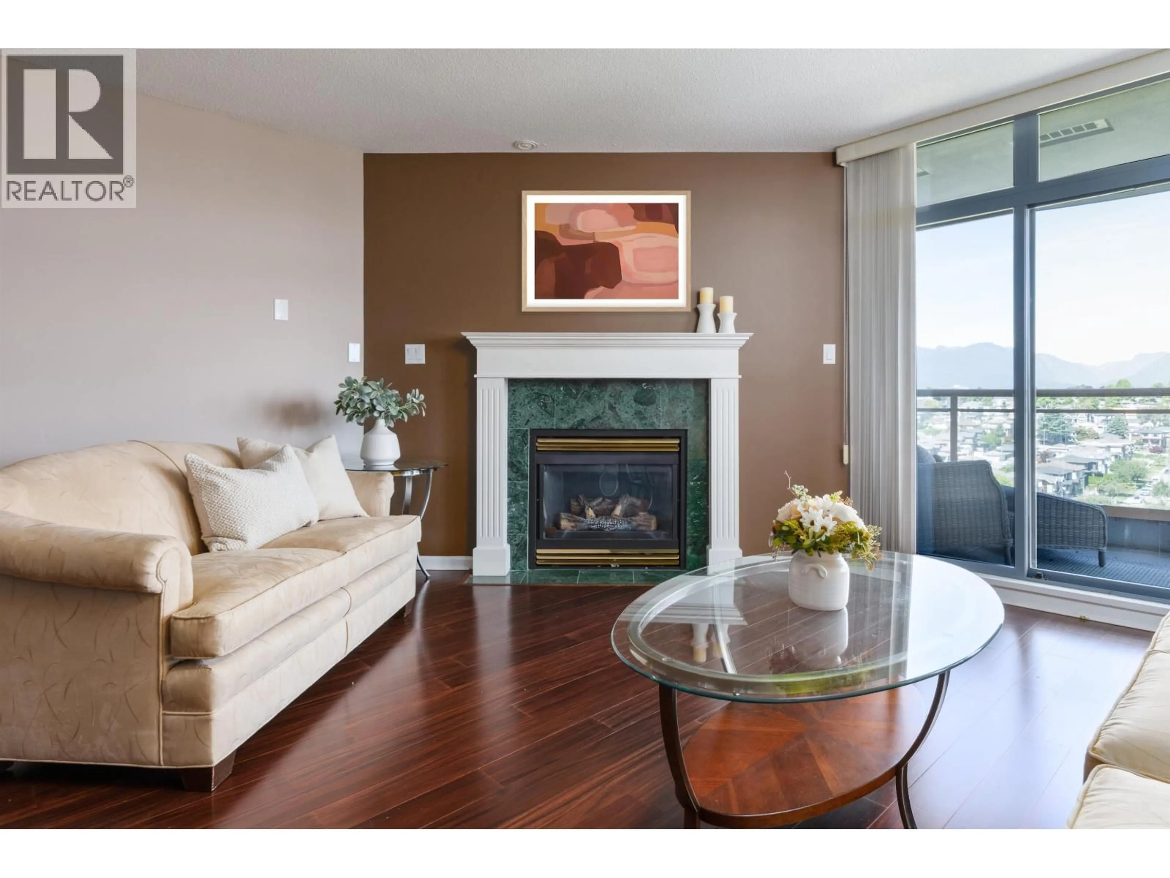 Living room with furniture, wood/laminate floor for 1301 - 4425 HALIFAX STREET, Burnaby British Columbia V5C6P2