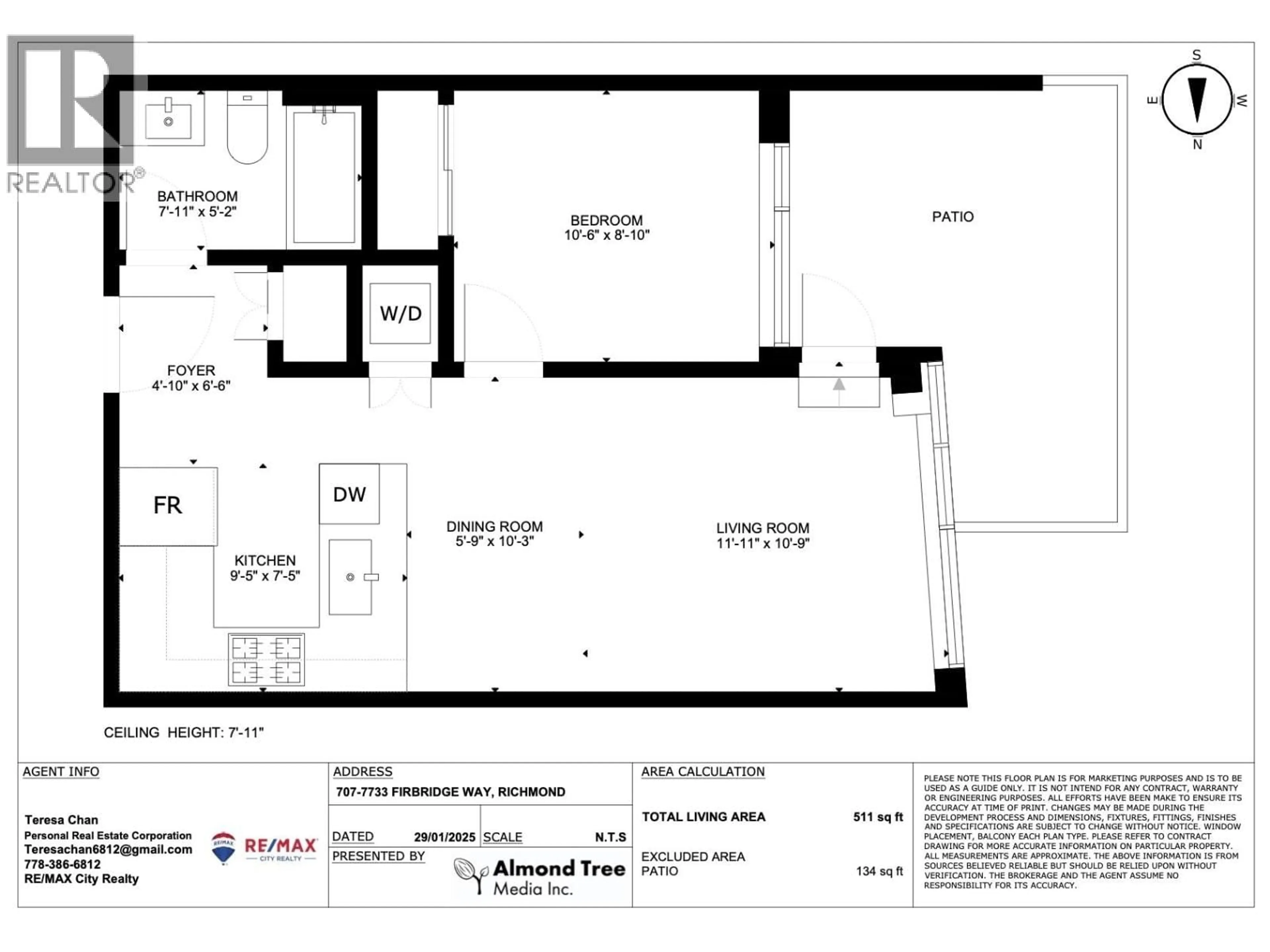 Floor plan for 707 - 7733 FIRBRIDGE WAY, Richmond British Columbia V6X0M7