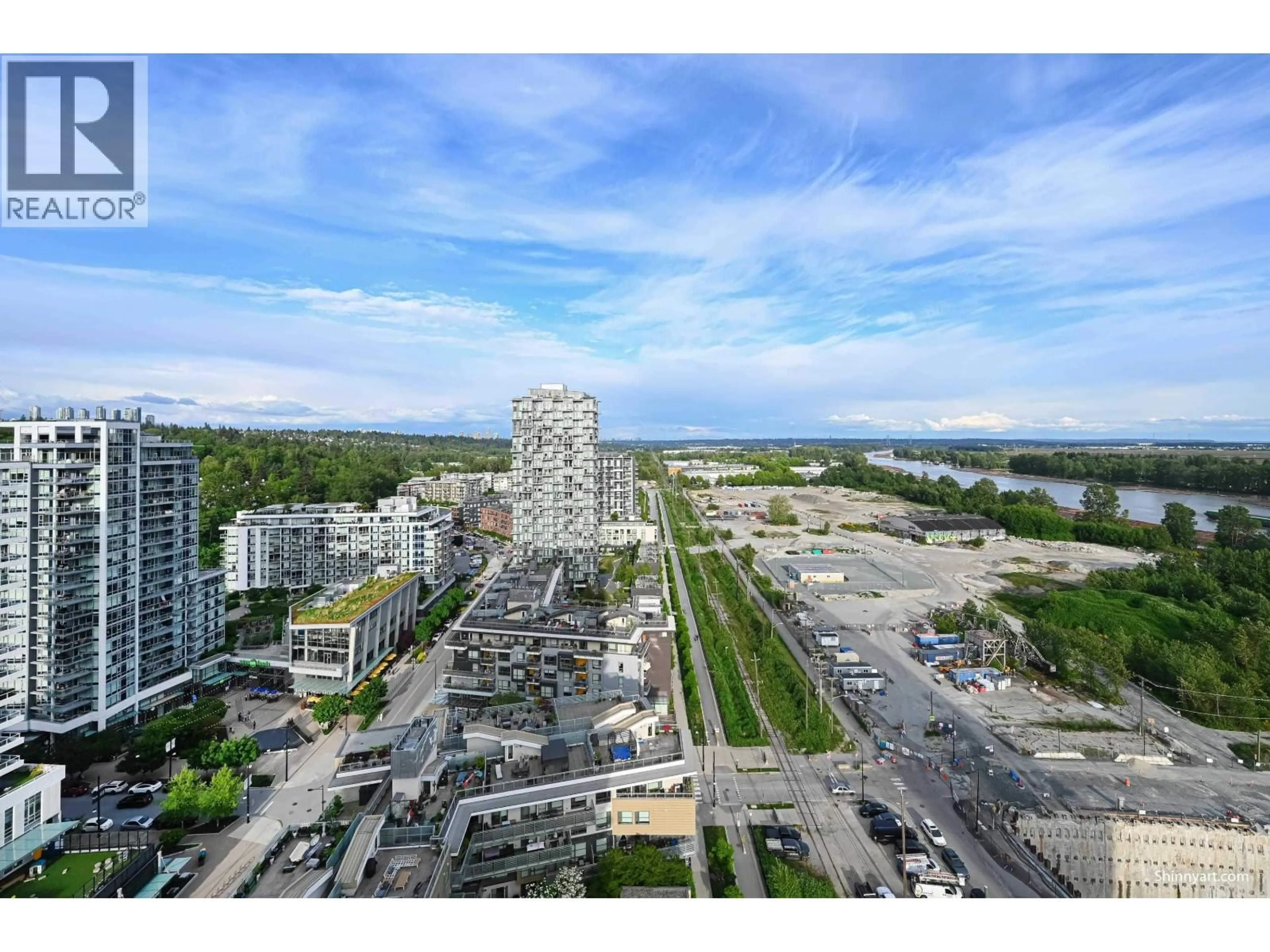 A pic from outside/outdoor area/front of a property/back of a property/a pic from drone, city buildings view from balcony for 2002 - 3438 SAWMILL CRESCENT, Vancouver British Columbia V5S0E3