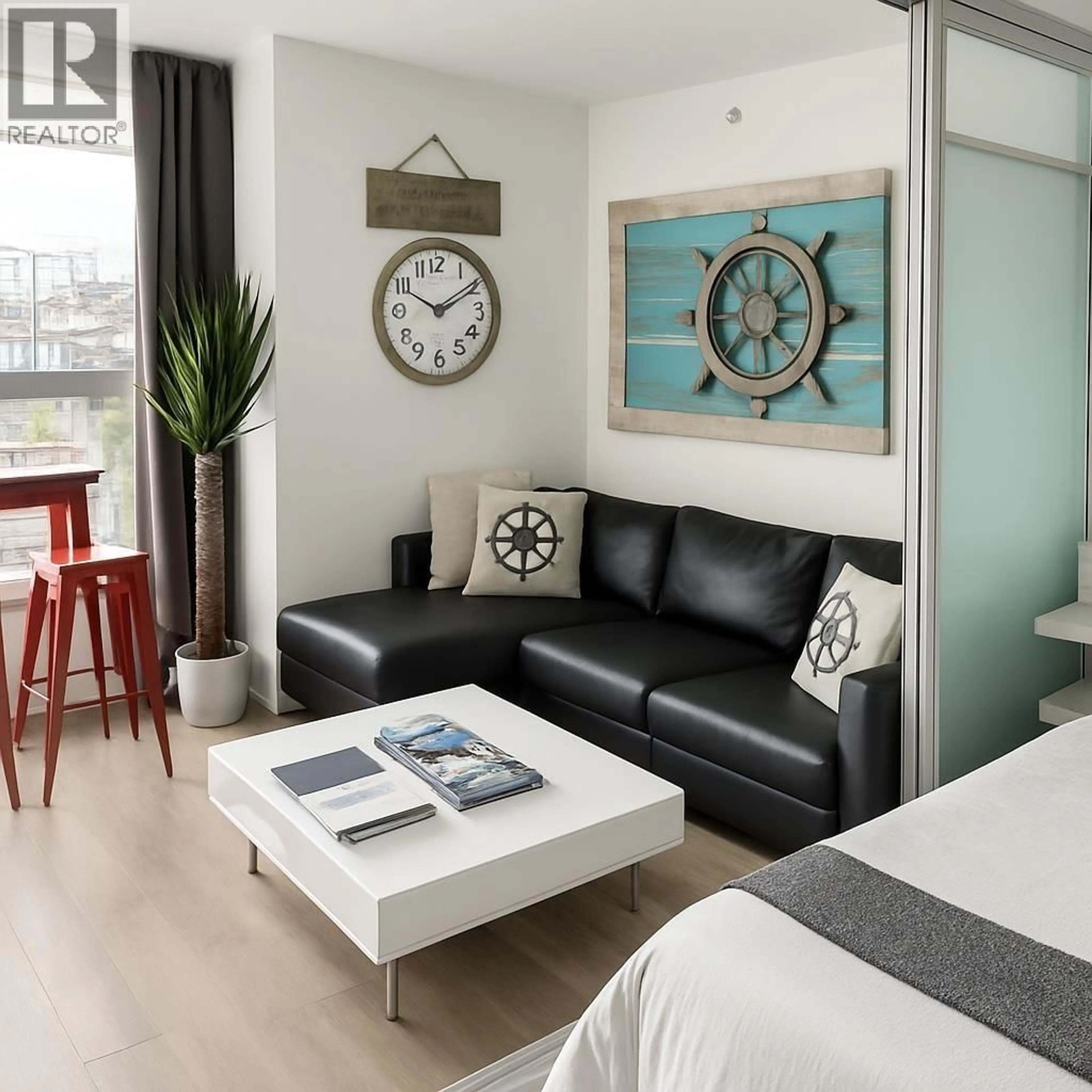 Living room with furniture, wood/laminate floor for 308 - 1788 COLUMBIA STREET, Vancouver British Columbia V5Y0L7