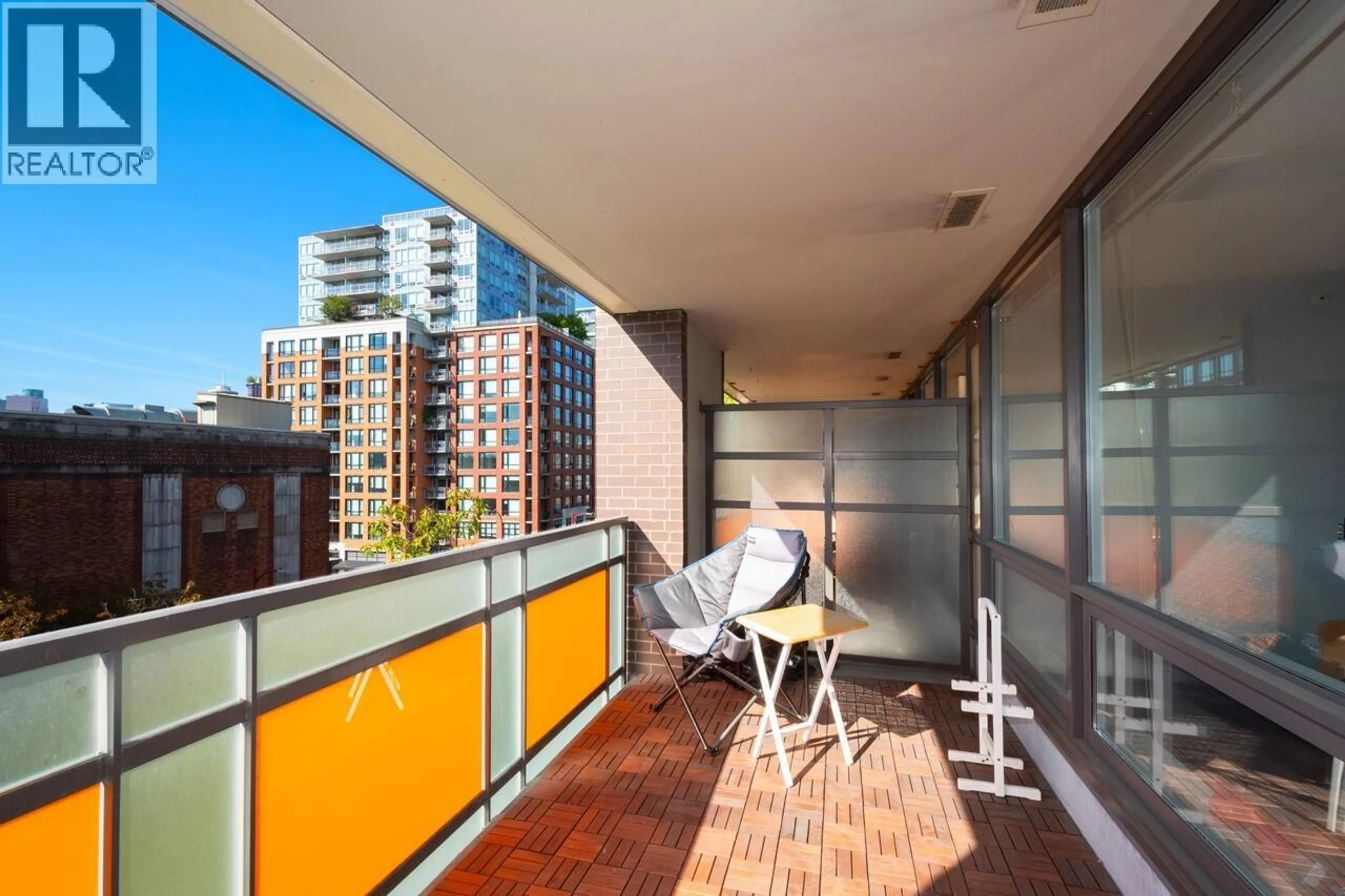 Balcony in the apartment, city buildings view from balcony for 503 - 718 MAIN STREET, Vancouver British Columbia V6A2V7