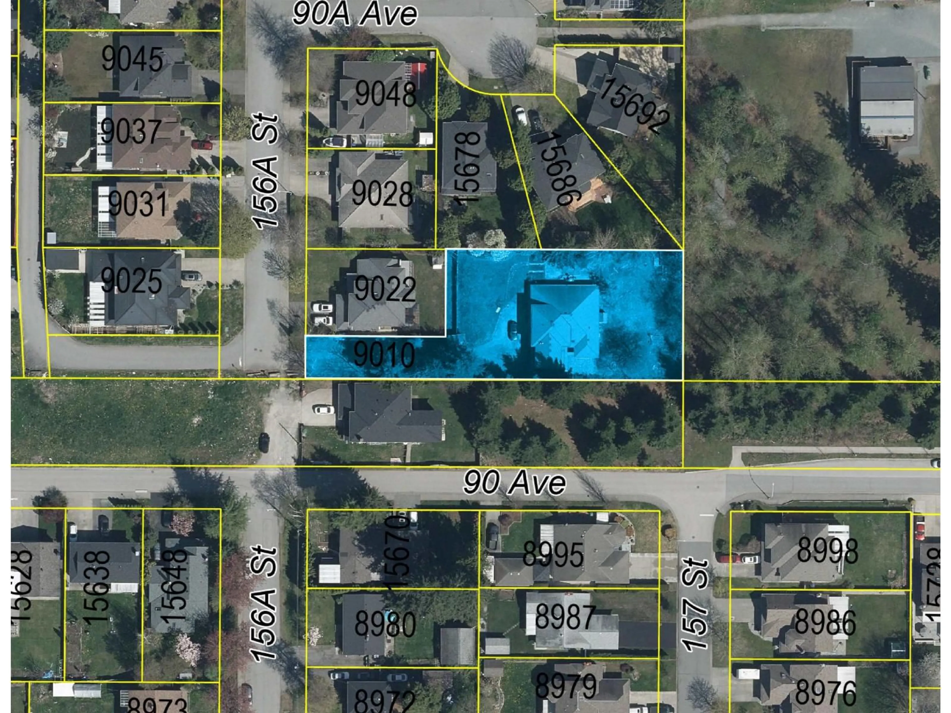 A pic from outside/outdoor area/front of a property/back of a property/a pic from drone, street for 9010 156A, Surrey British Columbia V4N2X2