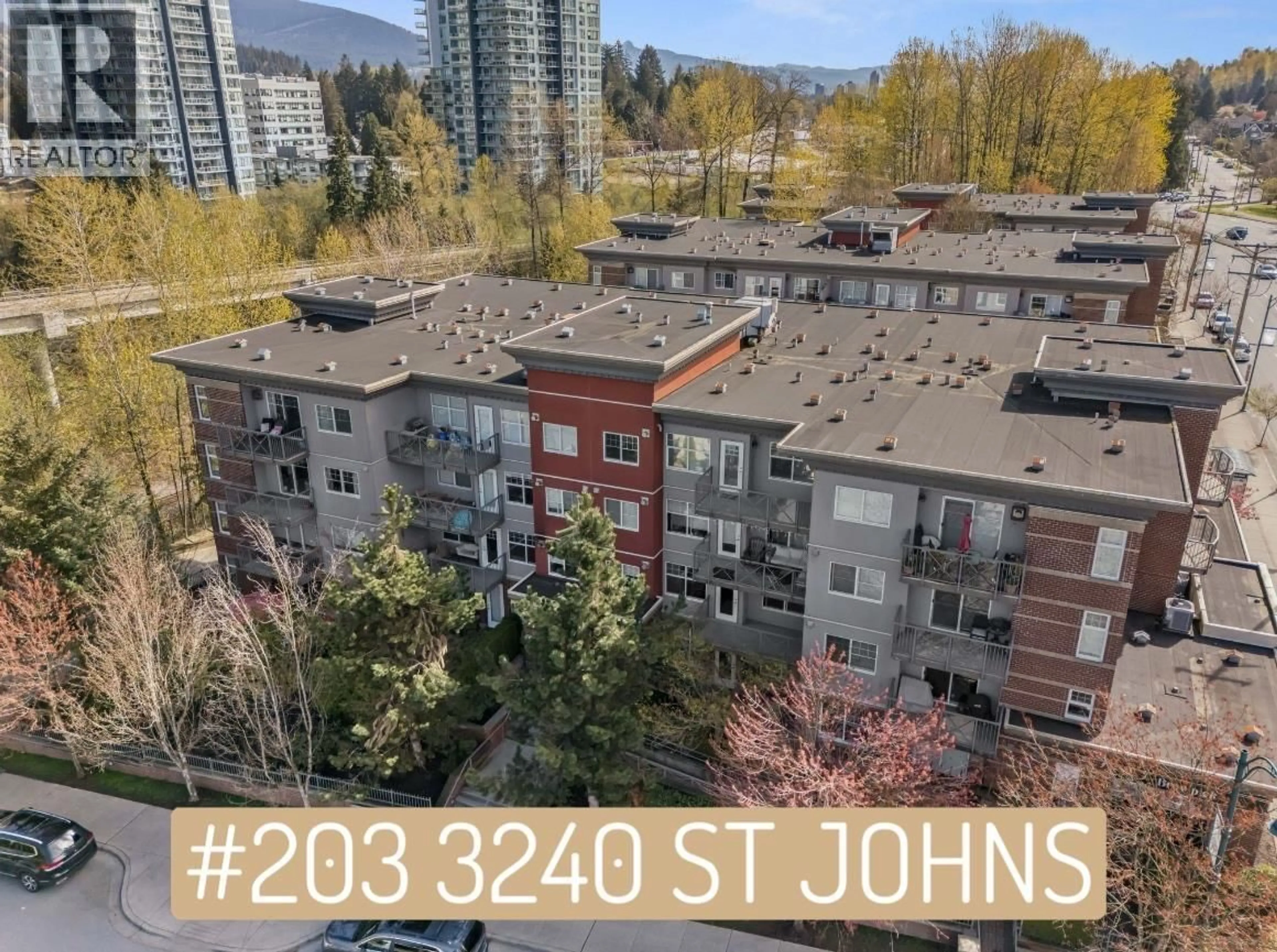 A pic from outside/outdoor area/front of a property/back of a property/a pic from drone, city buildings view from balcony for 203 - 3420 ST JOHNS STREET, Port Moody British Columbia V3H0C1