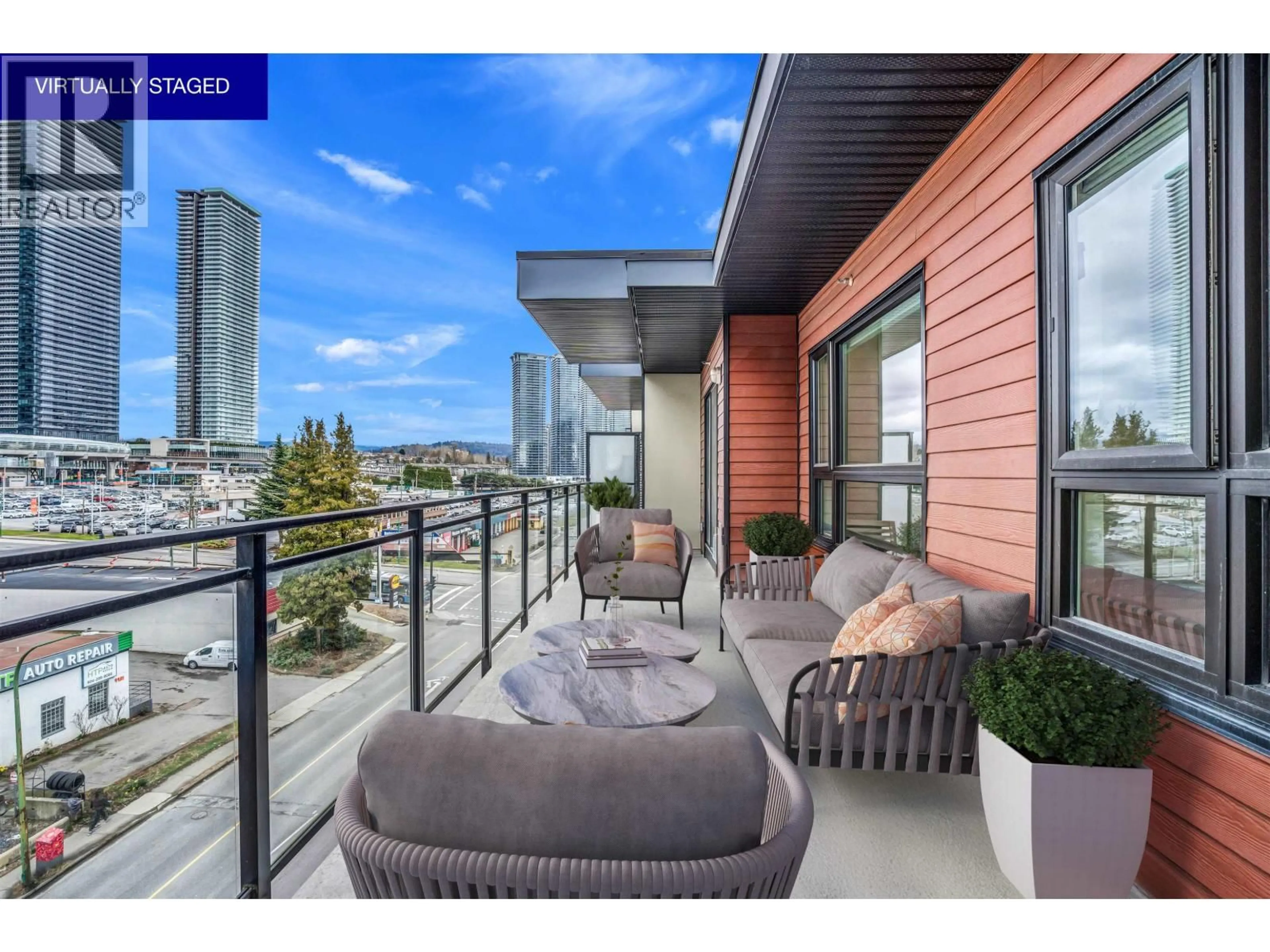 Patio, city buildings view from balcony for 502 - 4468 DAWSON STREET, Burnaby British Columbia V5C0J9