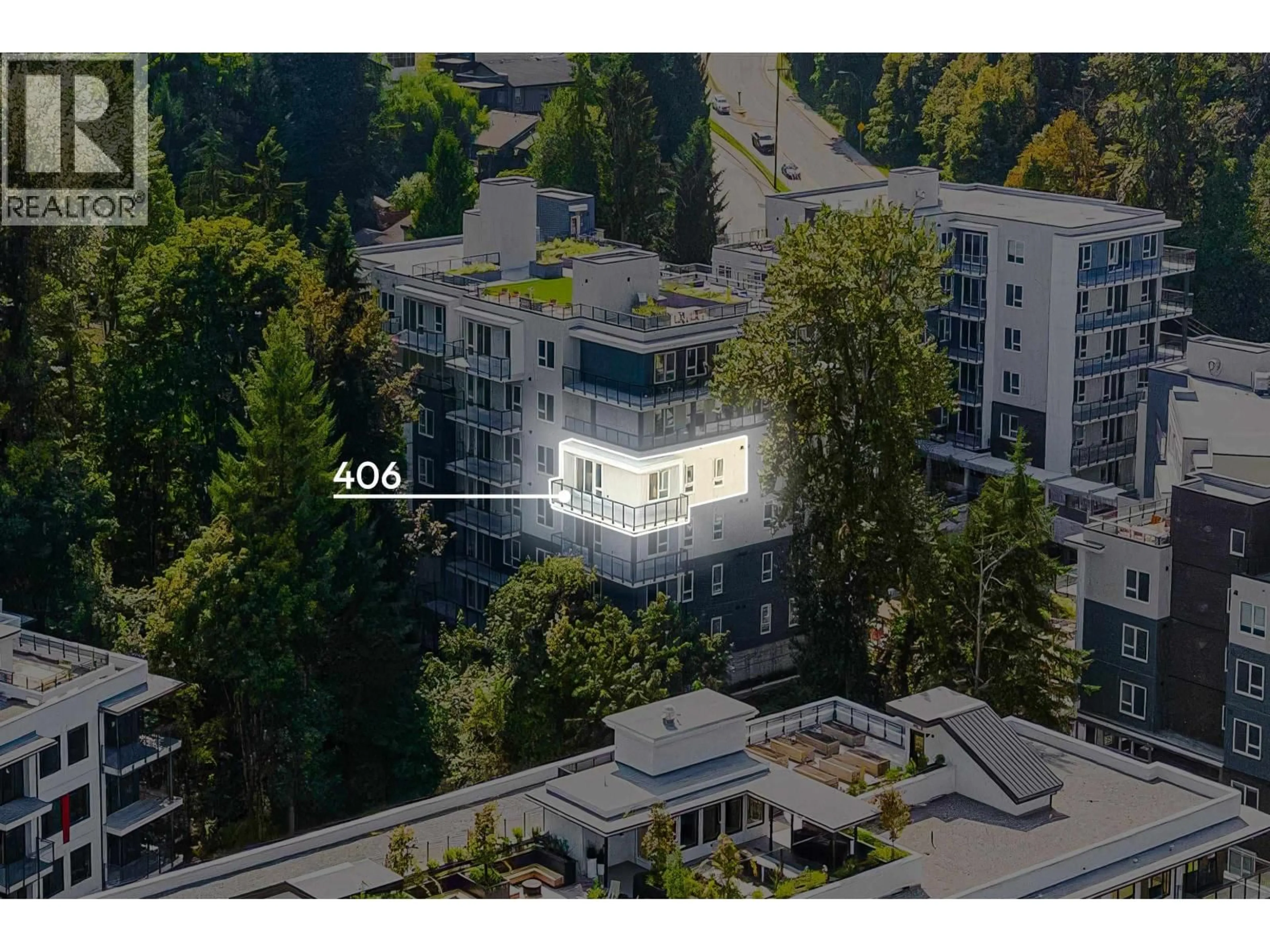 A pic from outside/outdoor area/front of a property/back of a property/a pic from drone, city buildings view from balcony for 406 - 2002 ST. GEORGE STREET, Port Moody British Columbia V3H0N4