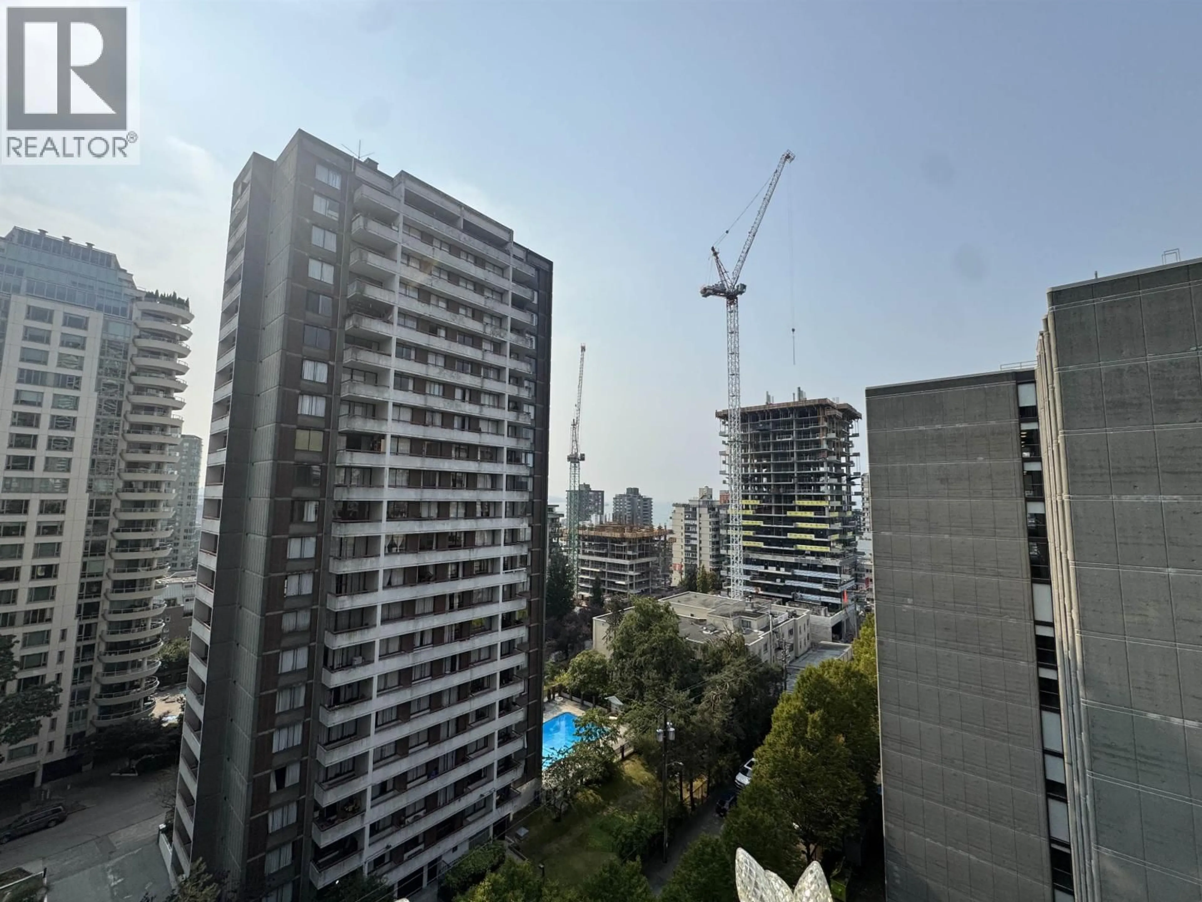 A pic from outside/outdoor area/front of a property/back of a property/a pic from drone, city buildings view from balcony for 1202 - 1010 BURNABY STREET, Vancouver British Columbia V6E4L8