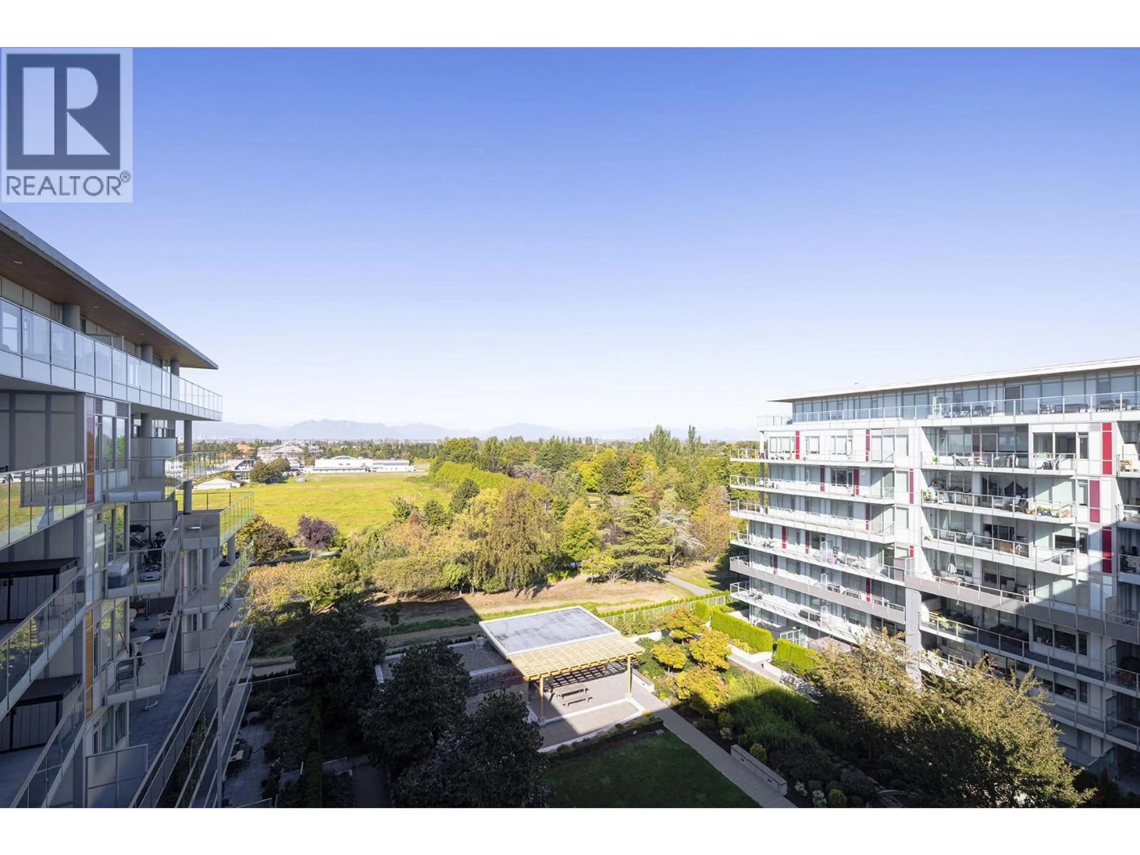 A pic from outside/outdoor area/front of a property/back of a property/a pic from drone, city buildings view from balcony for 801 - 10780 NO. 5 ROAD, Richmond British Columbia V6W0B8