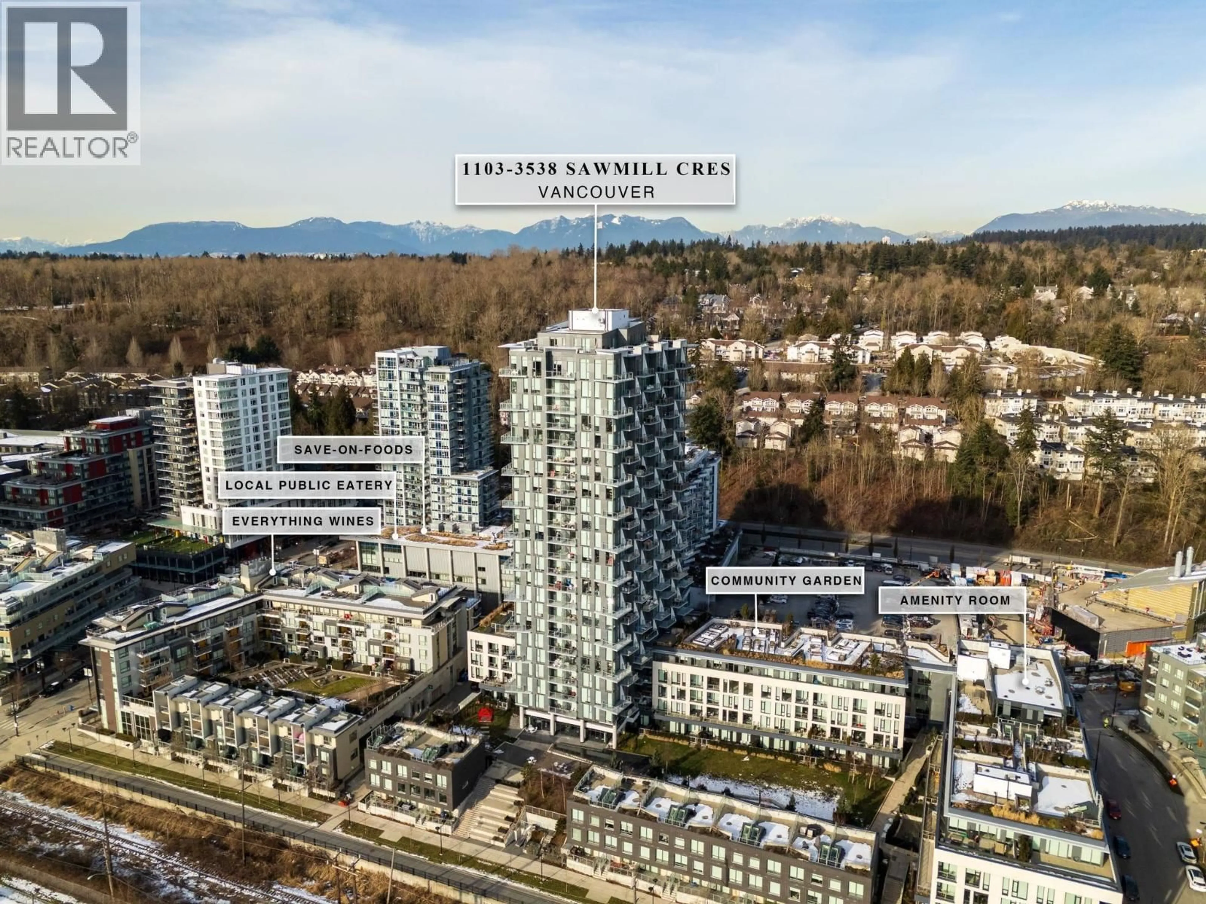 A pic from outside/outdoor area/front of a property/back of a property/a pic from drone, city buildings view from balcony for 1103 - 3538 SAWMILL CRESCENT, Vancouver British Columbia V5S0J8