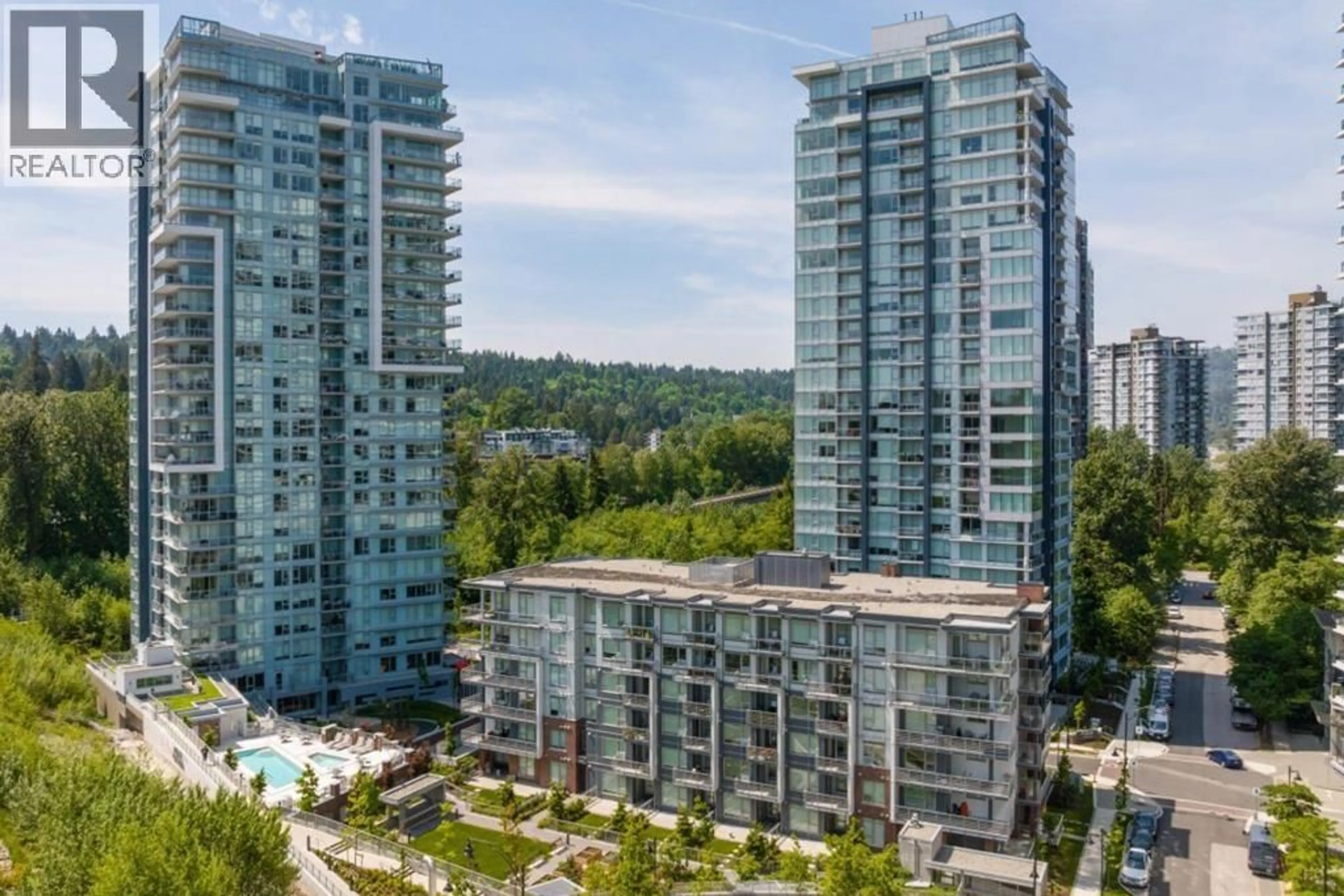A pic from outside/outdoor area/front of a property/back of a property/a pic from drone, city buildings view from balcony for 405 - 305 MORRISSEY ROAD, Port Moody British Columbia V3H0M3