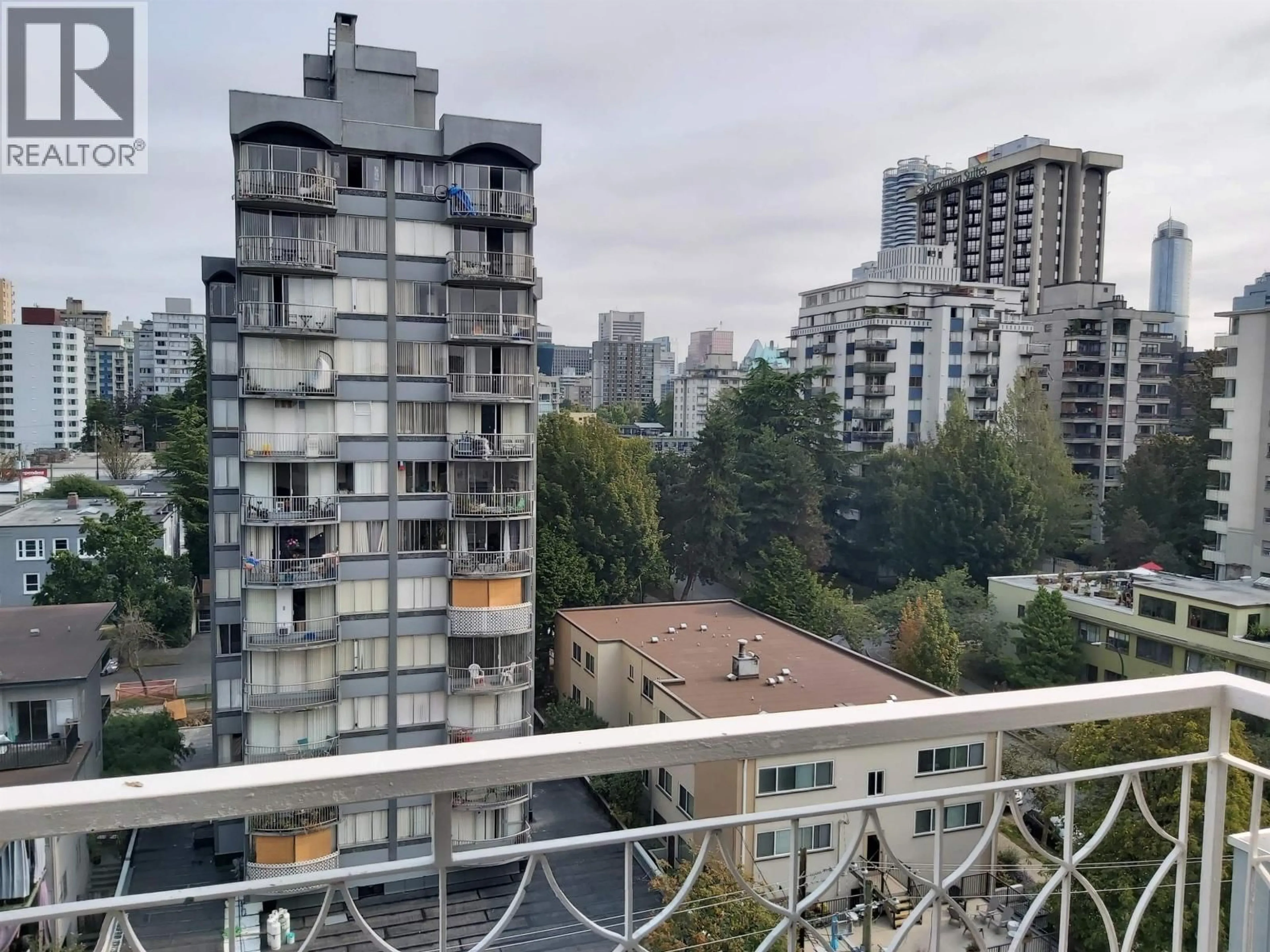 Balcony in the apartment, city buildings view from balcony for 1104 - 1219 HARWOOD STREET, Vancouver British Columbia V6E1S5