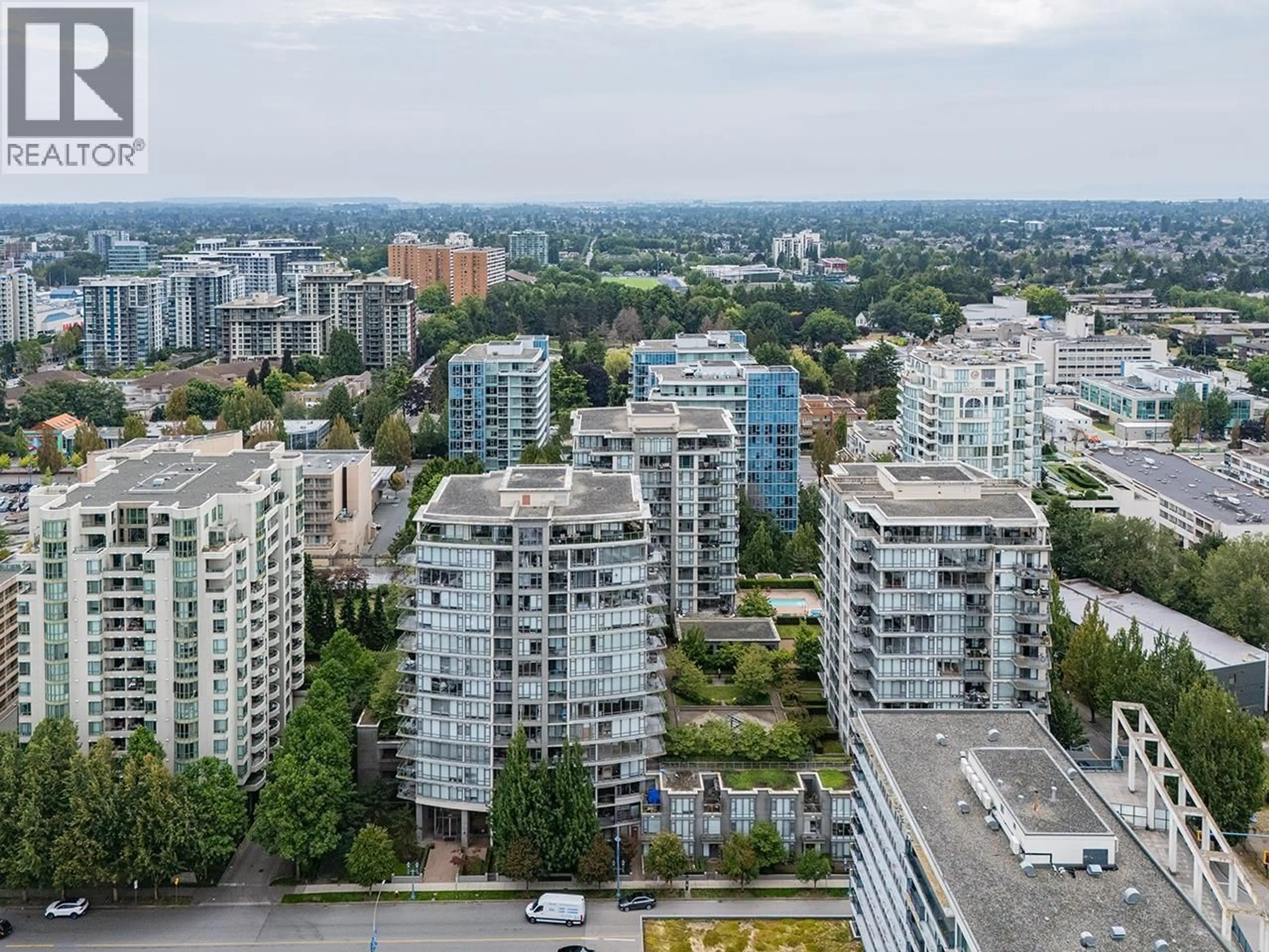 A pic from outside/outdoor area/front of a property/back of a property/a pic from drone, city buildings view from balcony for 603 - 7362 ELMBRIDGE WAY, Richmond British Columbia V6X0A6