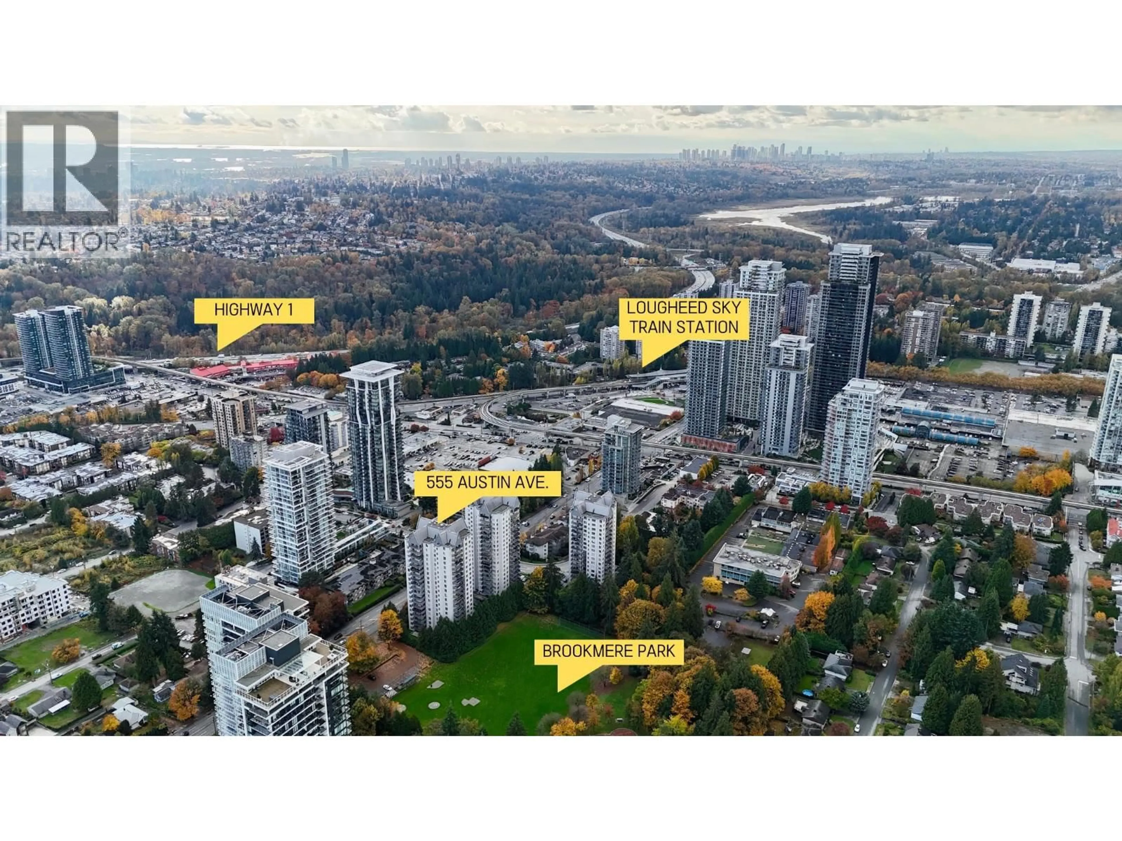 A pic from outside/outdoor area/front of a property/back of a property/a pic from drone, city buildings view from balcony for 701 - 555 AUSTIN AVENUE, Coquitlam British Columbia V3K6R8